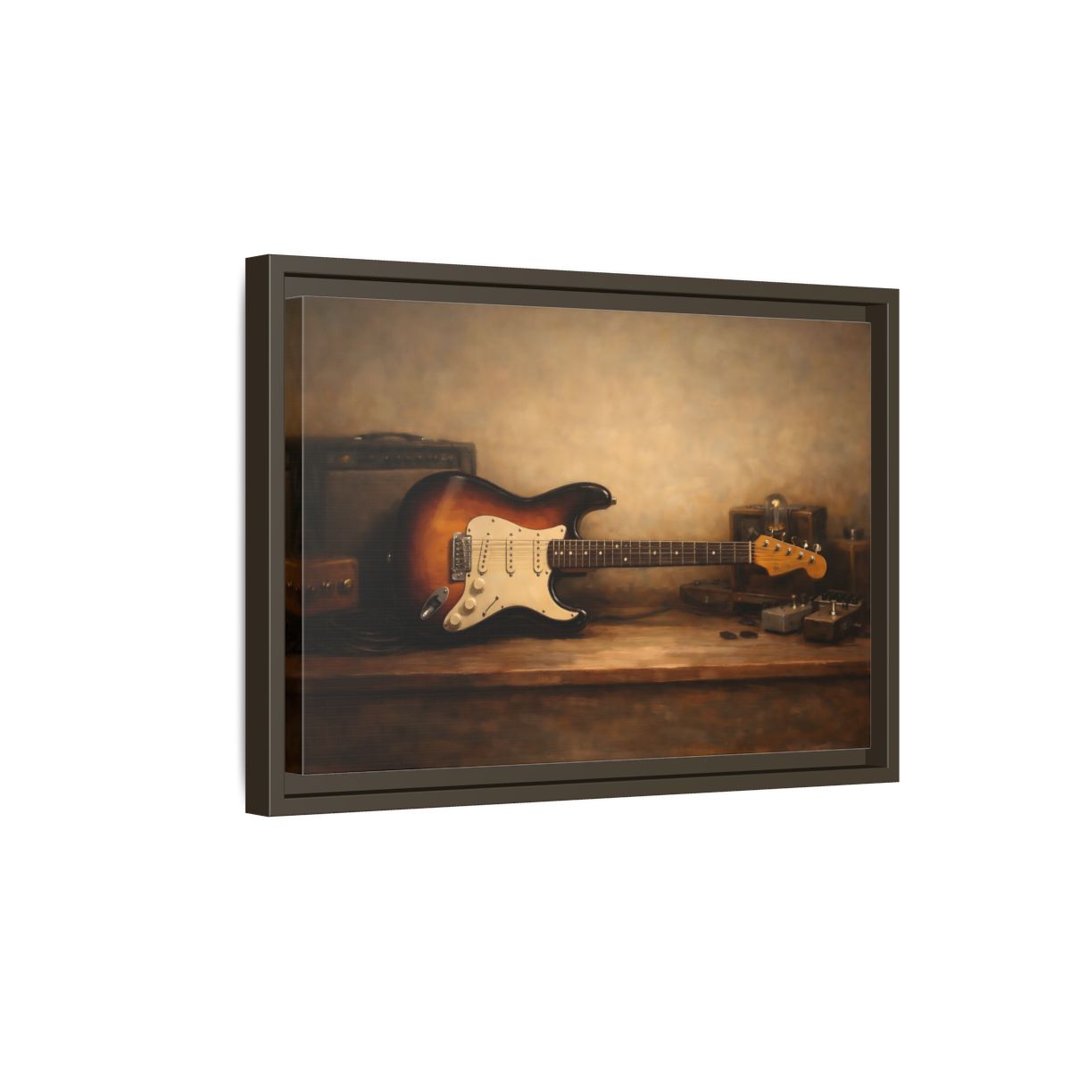 Side Mockup 5. Vintage Electric Guitar Brown Guitar Art shown as stretched canvas wall art