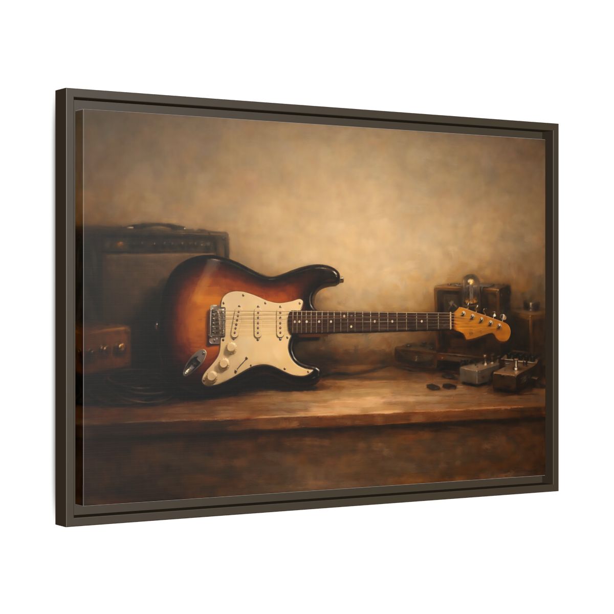 Side Mockup 11. Vintage Electric Guitar Brown Guitar Art shown as stretched canvas wall art