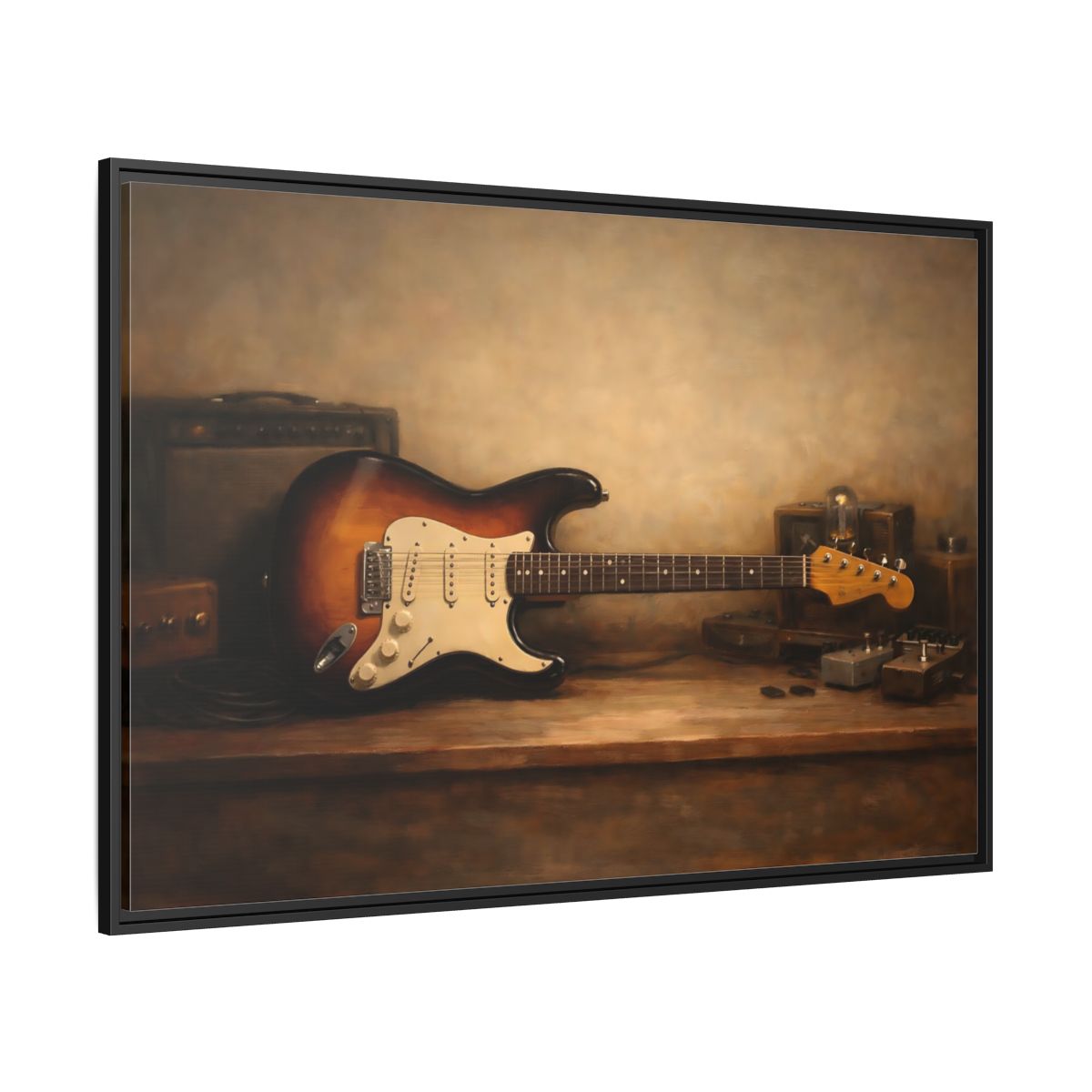Side Mockup 12. Vintage Electric Guitar Brown Guitar Art shown as stretched canvas wall art