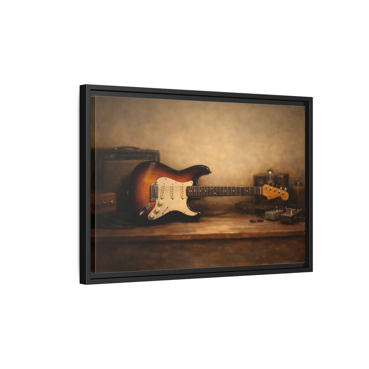 Side Mockup 3. Vintage Electric Guitar Brown Guitar Art shown as stretched canvas wall art