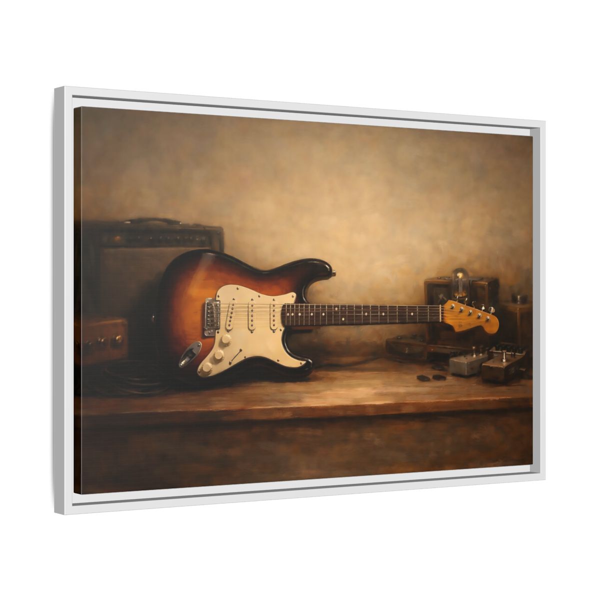 Side Mockup 10. Vintage Electric Guitar Brown Guitar Art shown as stretched canvas wall art