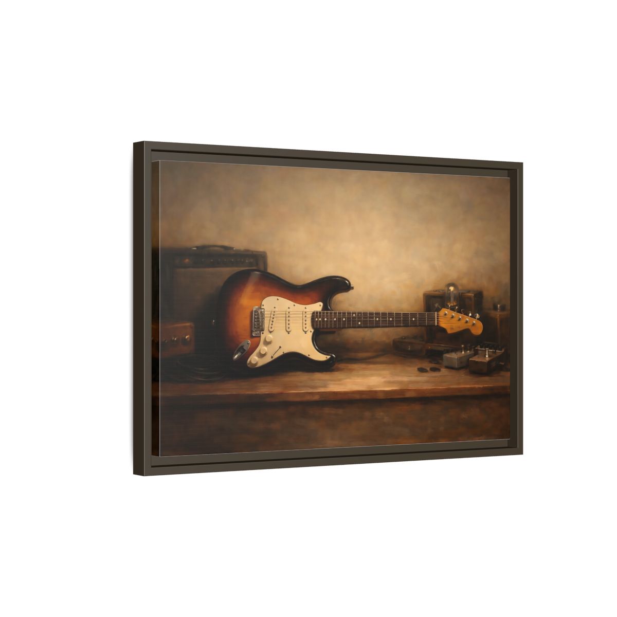 Side Mockup 2. Vintage Electric Guitar Brown Guitar Art shown as stretched canvas wall art