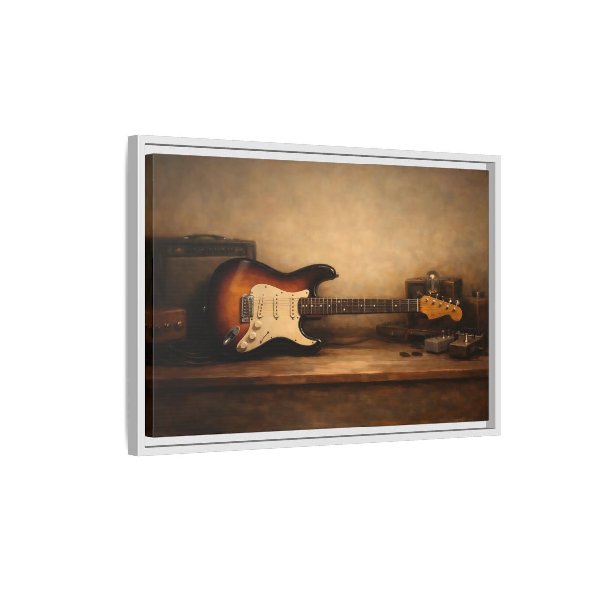 Side Mockup 1. Vintage Electric Guitar Brown Guitar Art shown as stretched canvas wall art