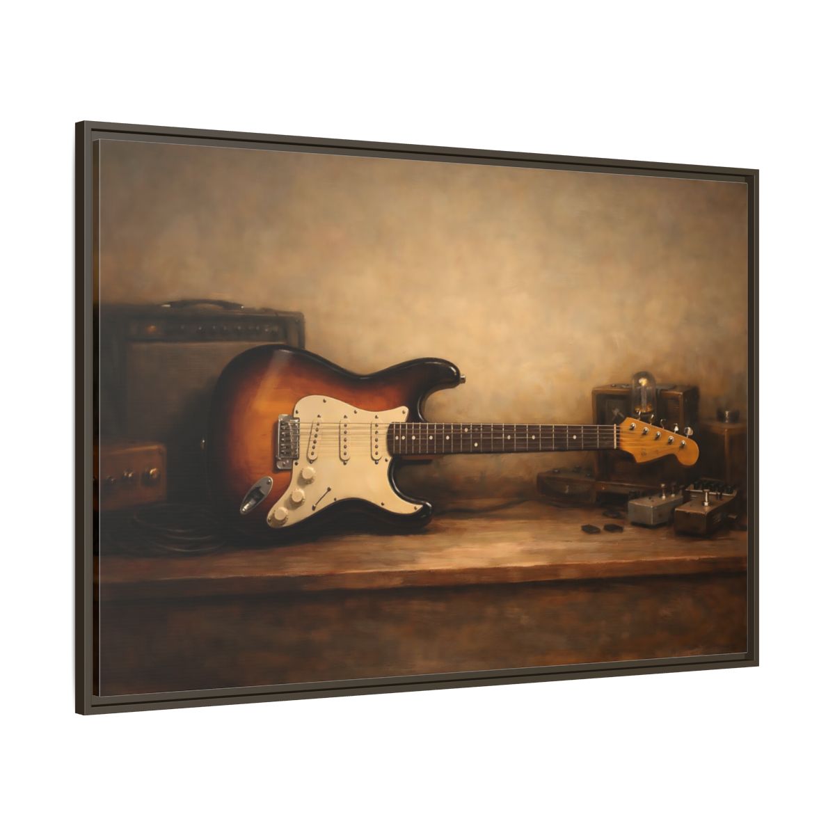 Main Mockup. Vintage Electric Guitar Brown Guitar Art shown as stretched canvas wall art