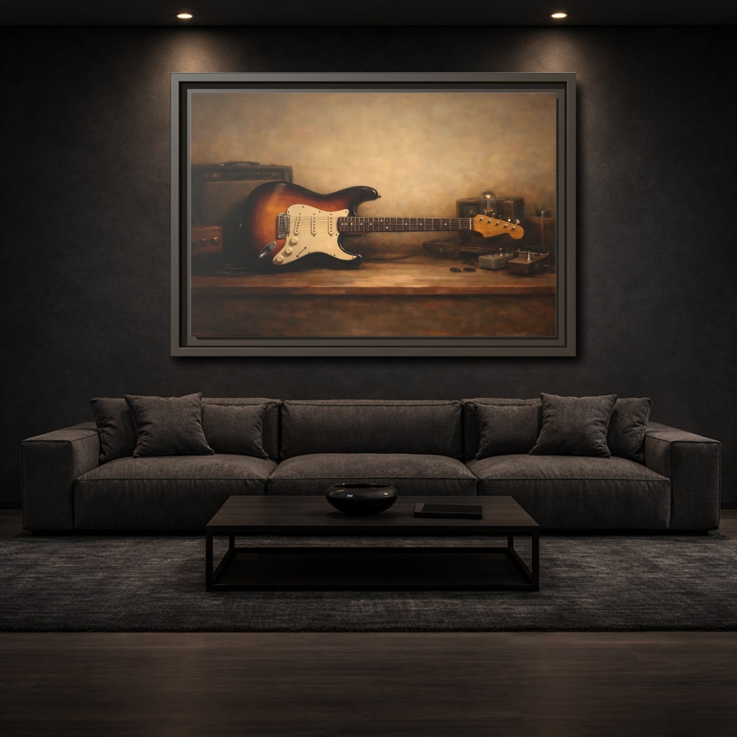 Mockup 2. Vintage Electric Guitar Brown Guitar Art shown as stretched canvas wall art