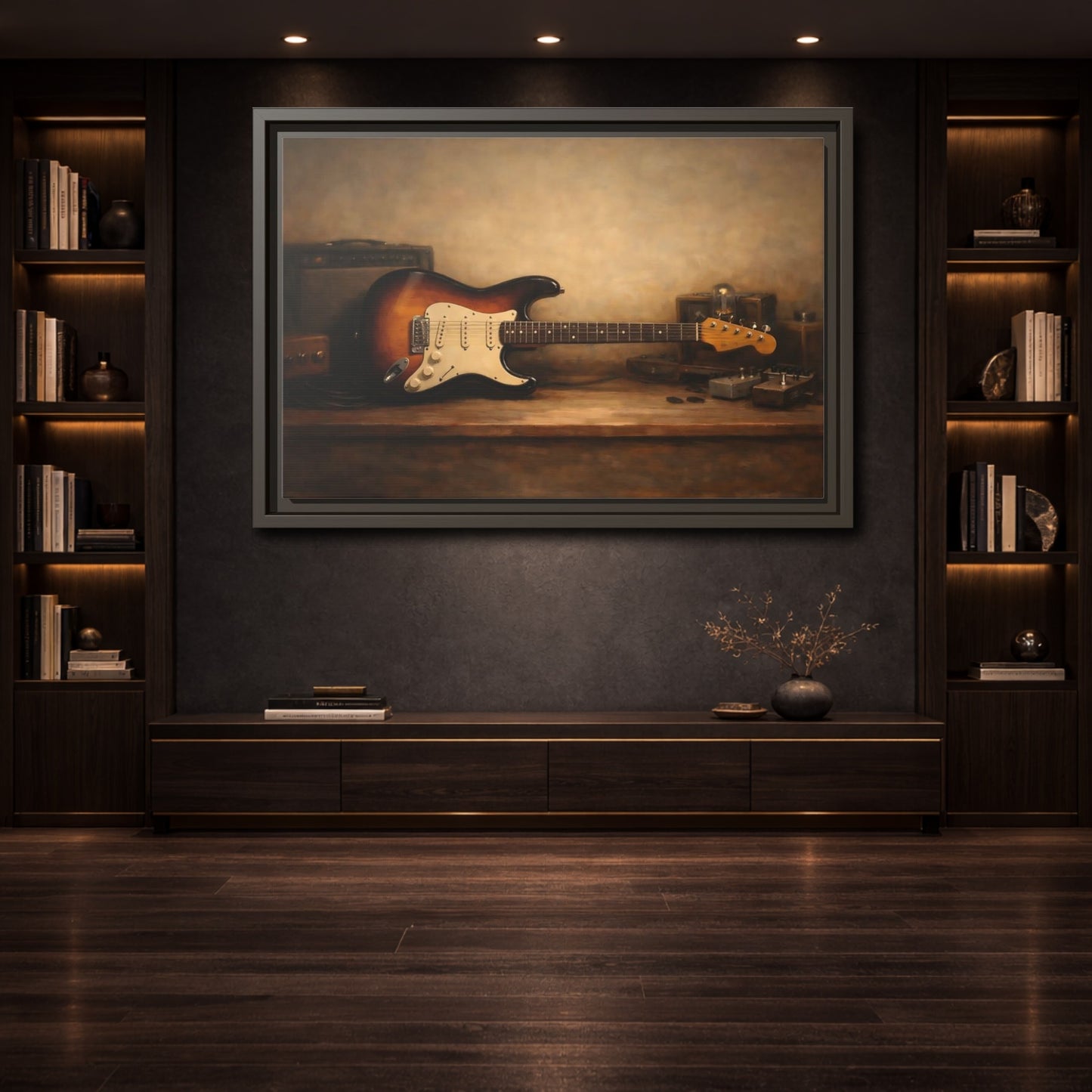 Mockup 3. Vintage Electric Guitar Brown Guitar Art shown as stretched canvas wall art