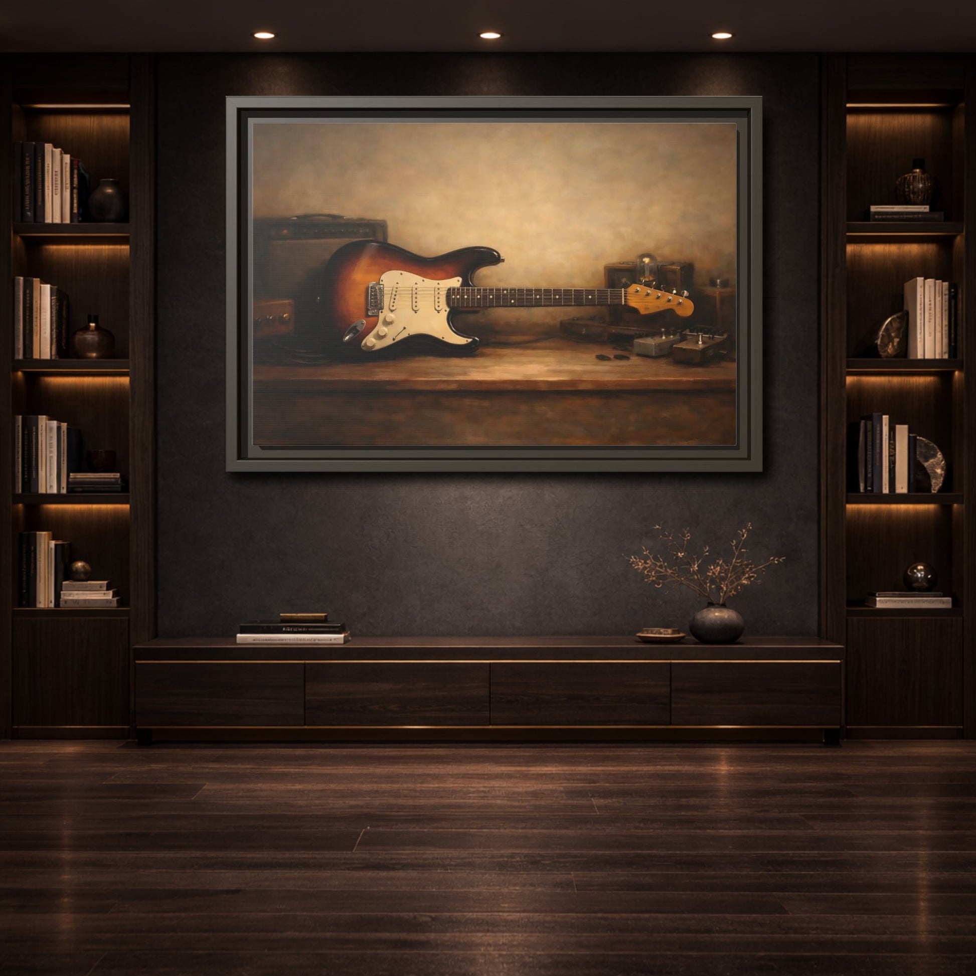 Mockup 3. Vintage Electric Guitar Brown Guitar Art shown as stretched canvas wall art