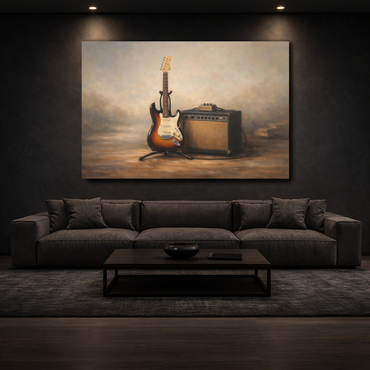 Mockup 2. Vintage Electric Guitar Vintage Guitar shown as stretched canvas wall art