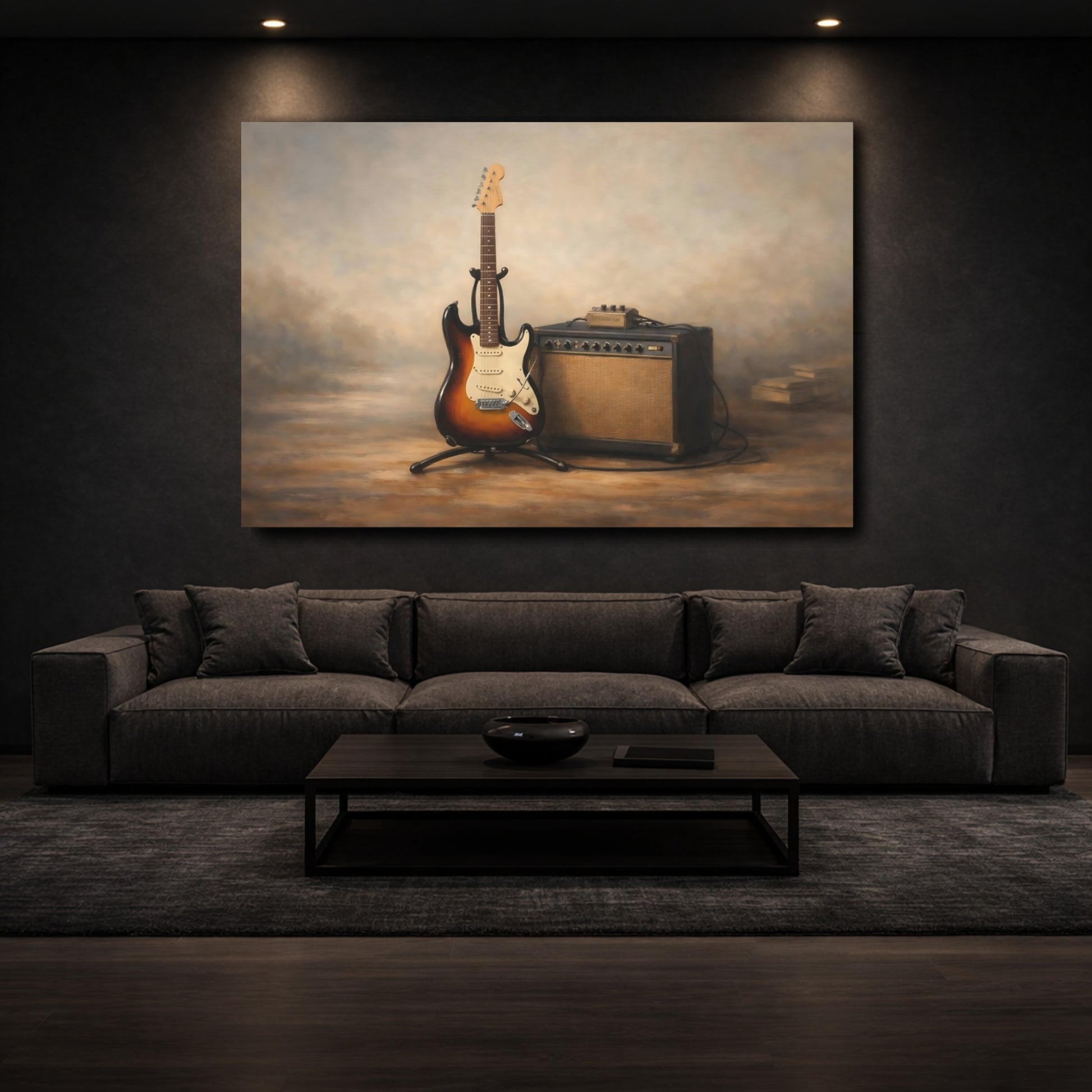 Mockup 2. Vintage Electric Guitar Vintage Guitar shown as stretched canvas wall art