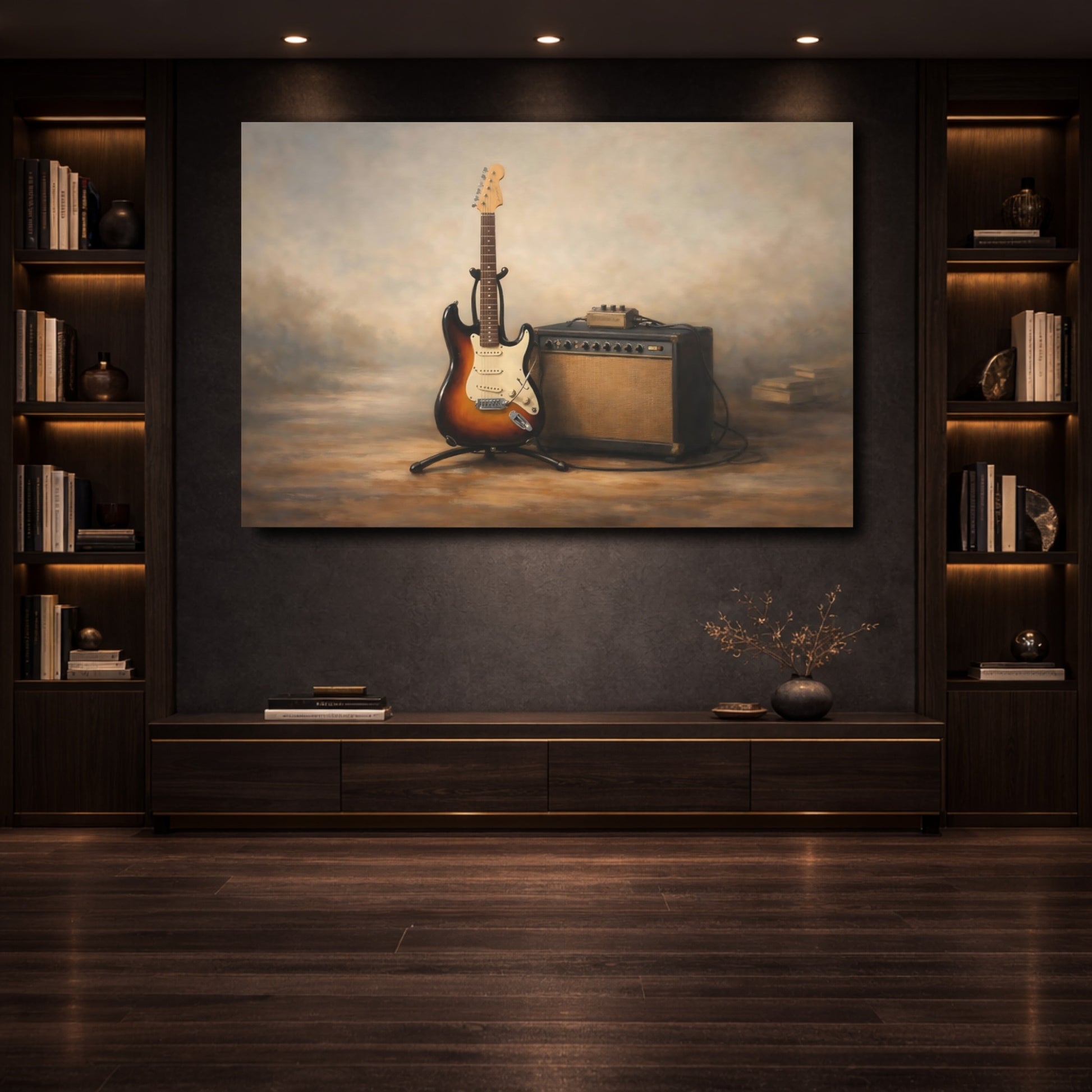 Mockup 3. Vintage Electric Guitar Vintage Guitar shown as stretched canvas wall art