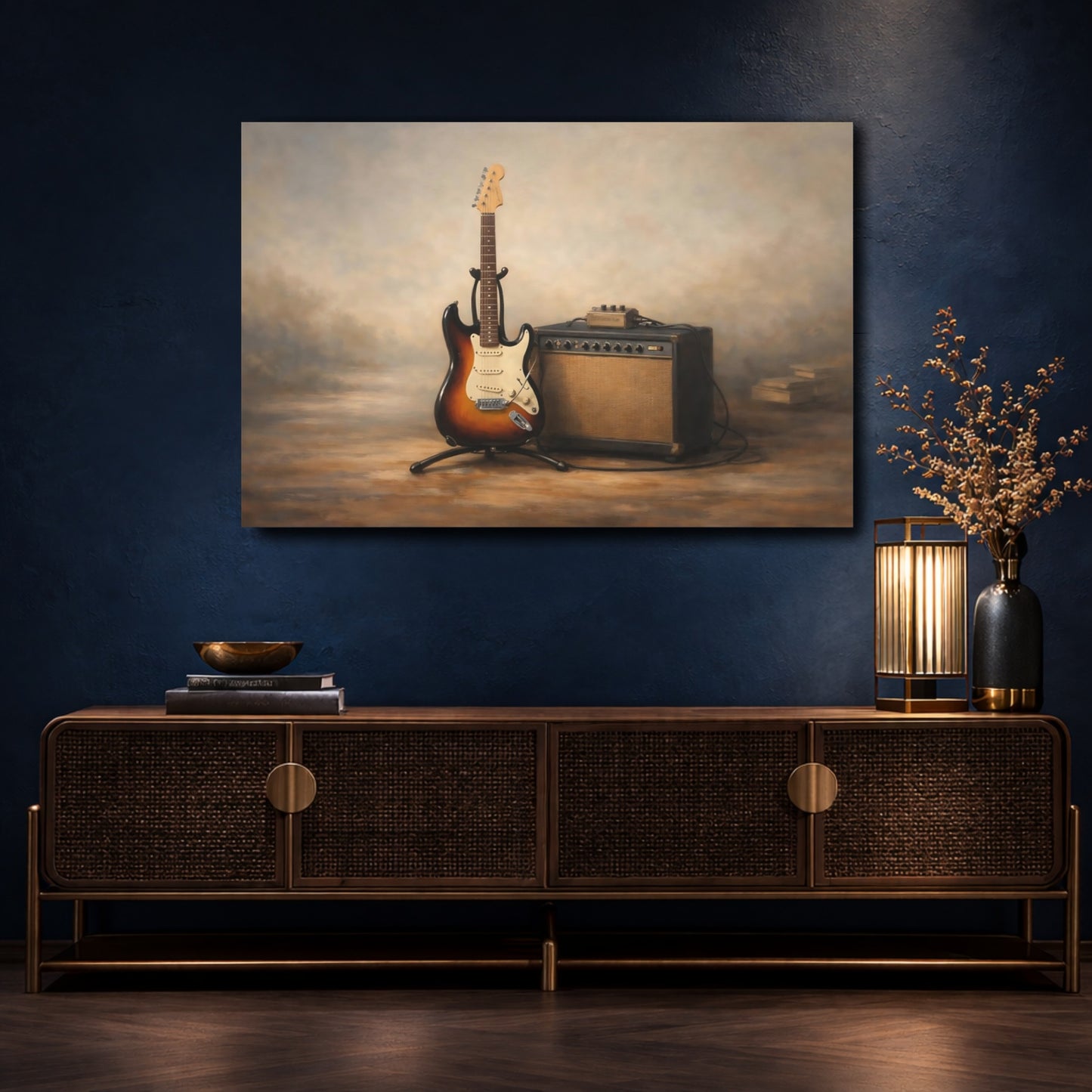Mockup 4. Vintage Electric Guitar Vintage Guitar shown as stretched canvas wall art