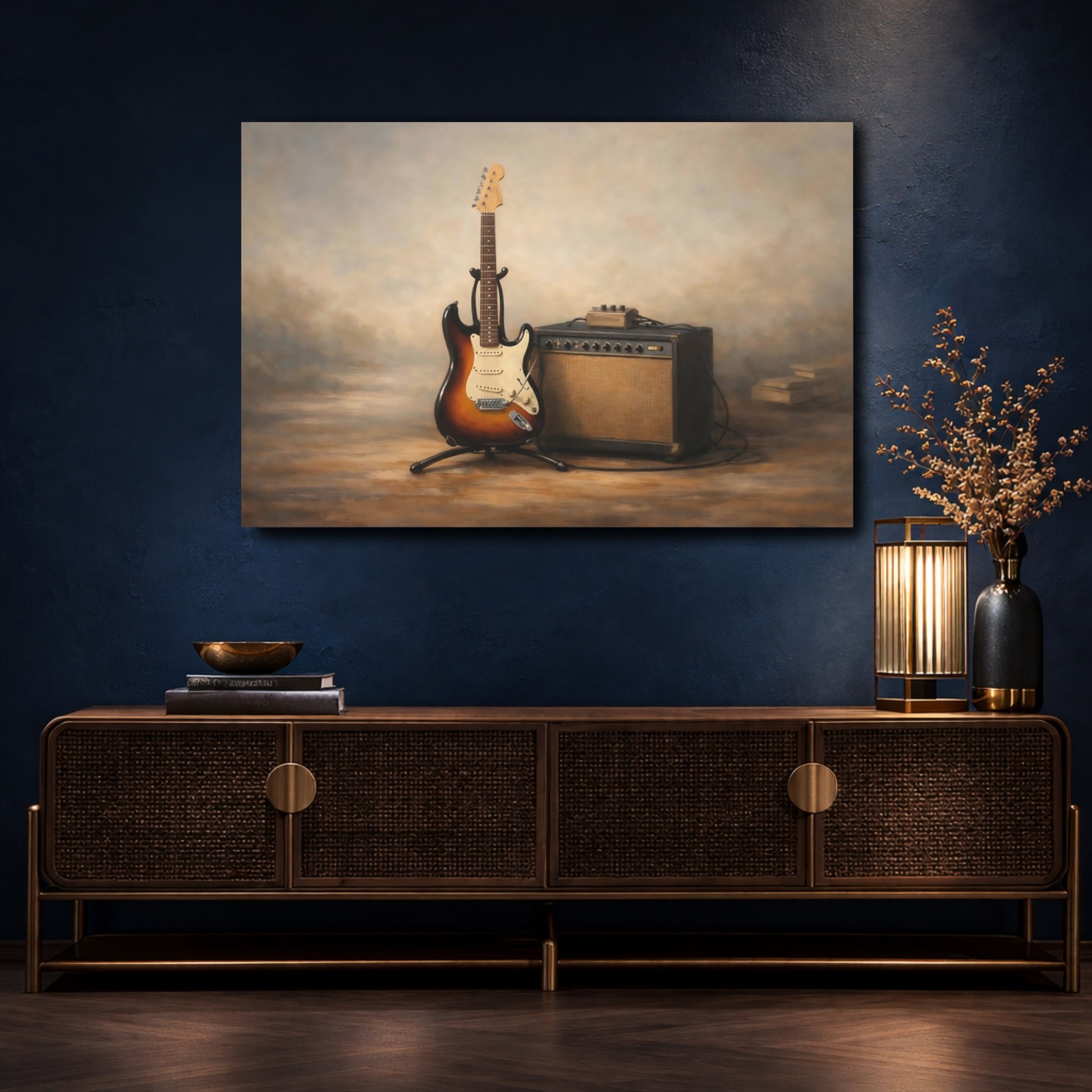 Mockup 4. Vintage Electric Guitar Vintage Guitar shown as stretched canvas wall art
