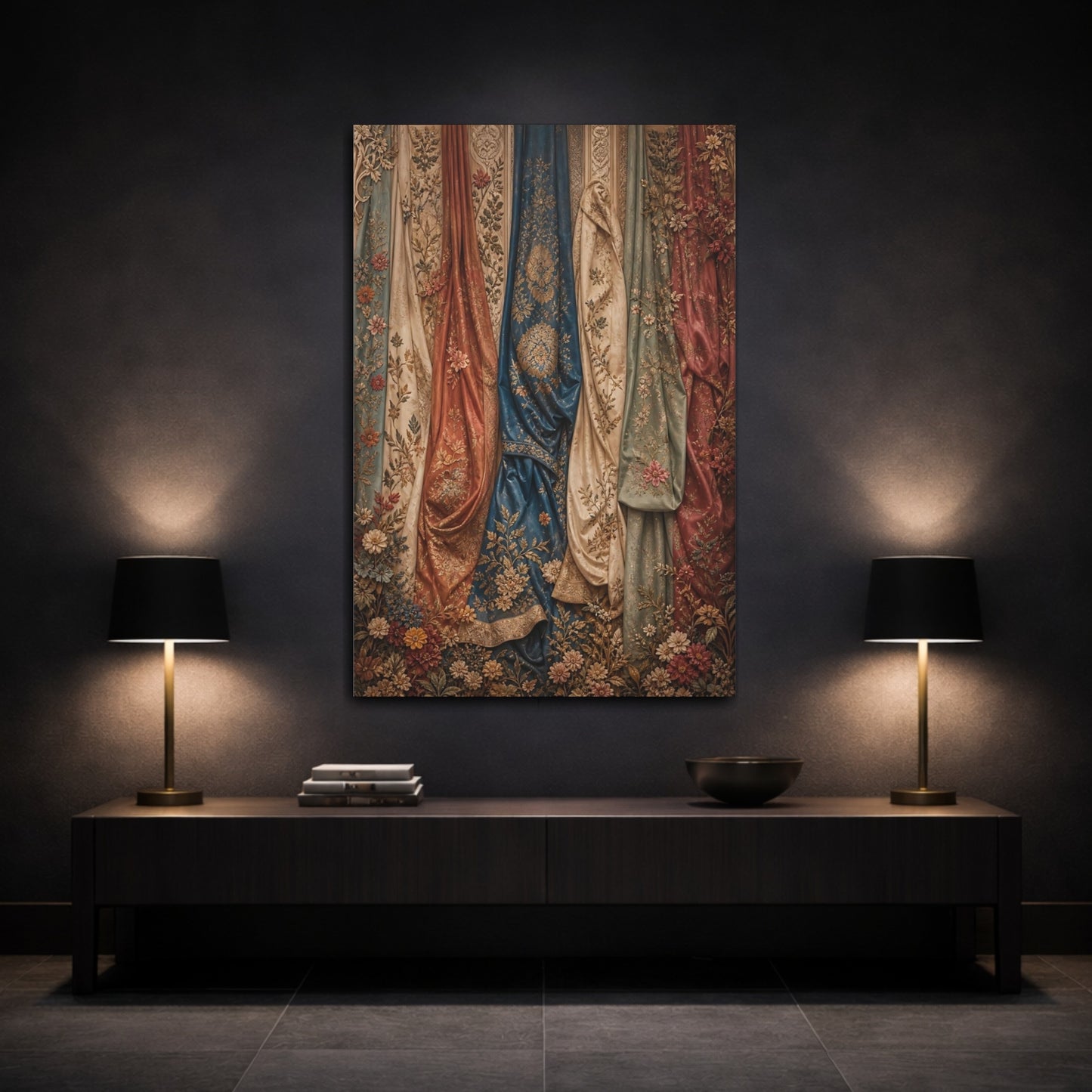 Mockup 3. Vintage Embroidered Fabric Vintage Tapestry shown as stretched canvas wall art