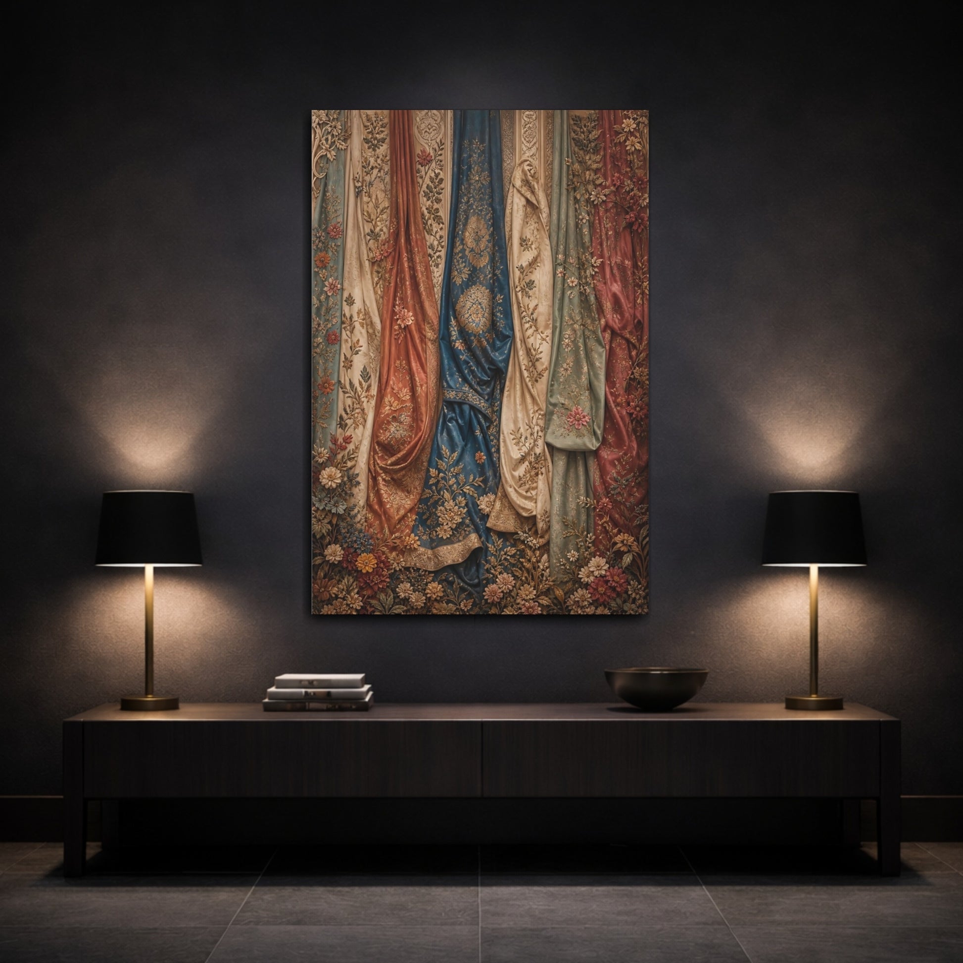 Mockup 3. Vintage Embroidered Fabric Vintage Tapestry shown as stretched canvas wall art