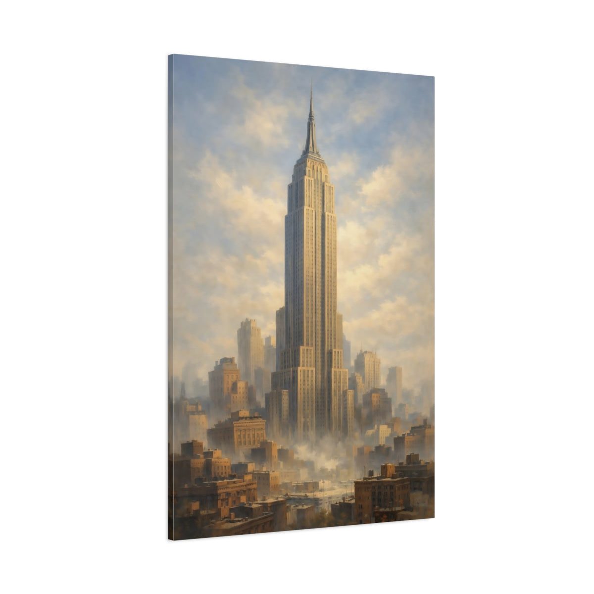 Main Mockup. Vintage Empire State Building Brown And Blue Cityscape shown as stretched canvas wall art