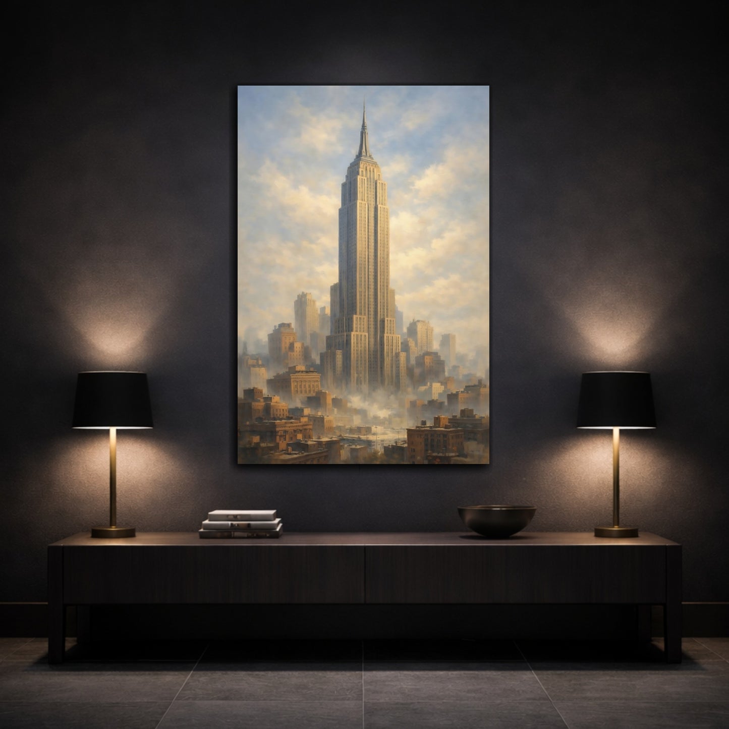 Mockup 2. Vintage Empire State Building Brown And Blue Cityscape shown as stretched canvas wall art