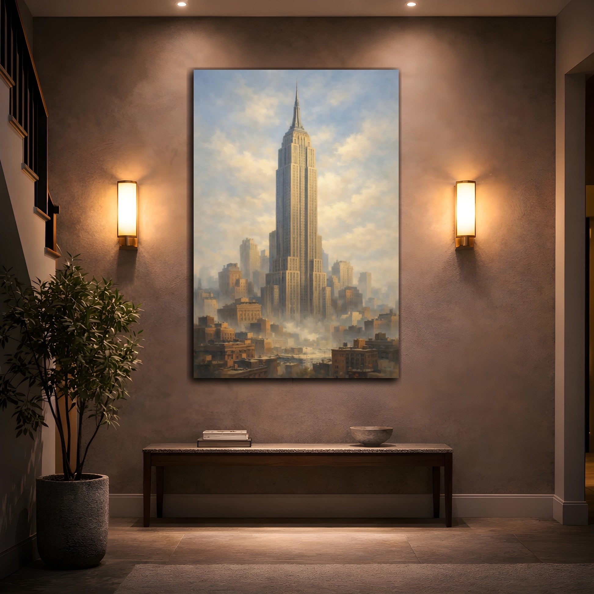 Mockup 3. Vintage Empire State Building Brown And Blue Cityscape shown as stretched canvas wall art