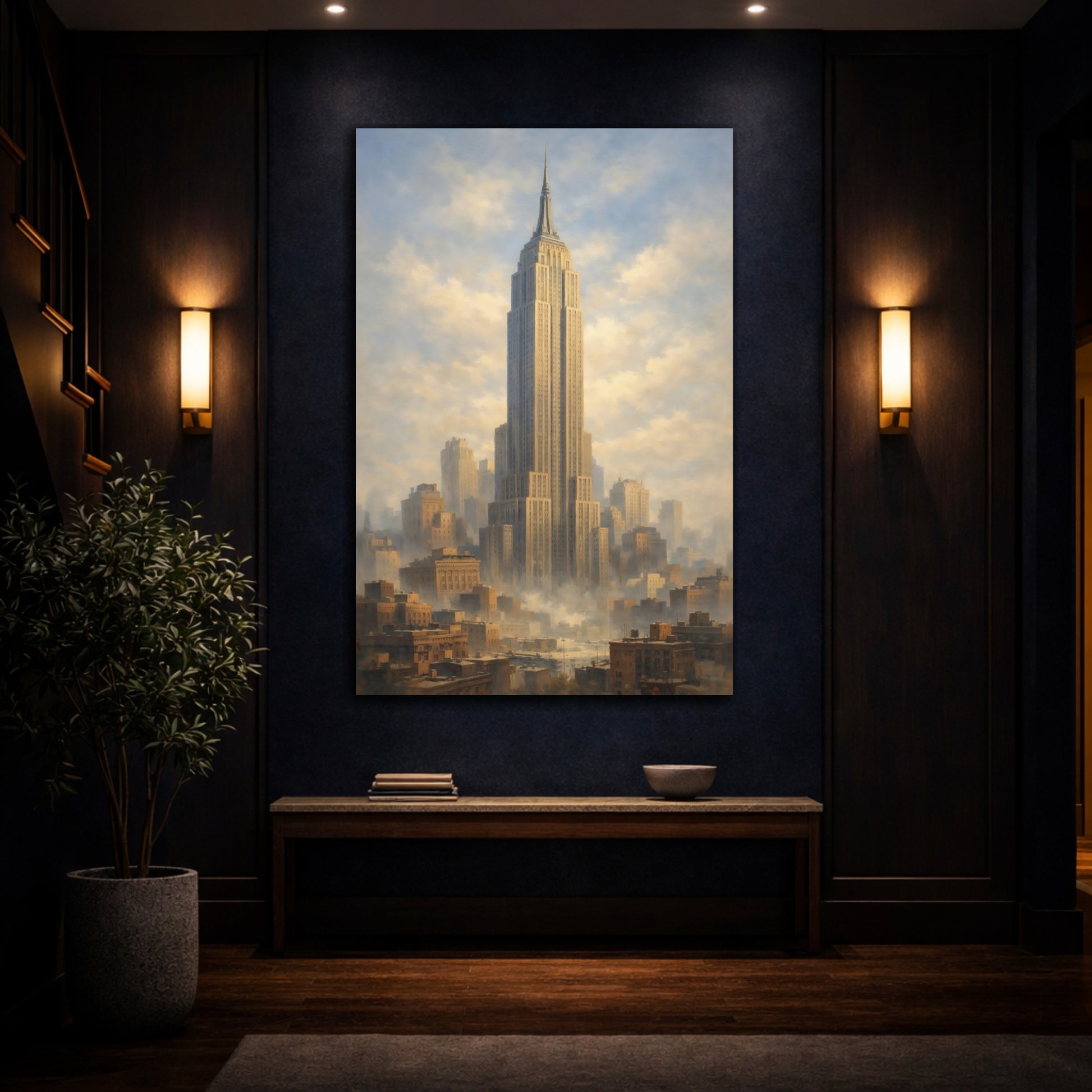 Mockup 4. Vintage Empire State Building Brown And Blue Cityscape shown as stretched canvas wall art