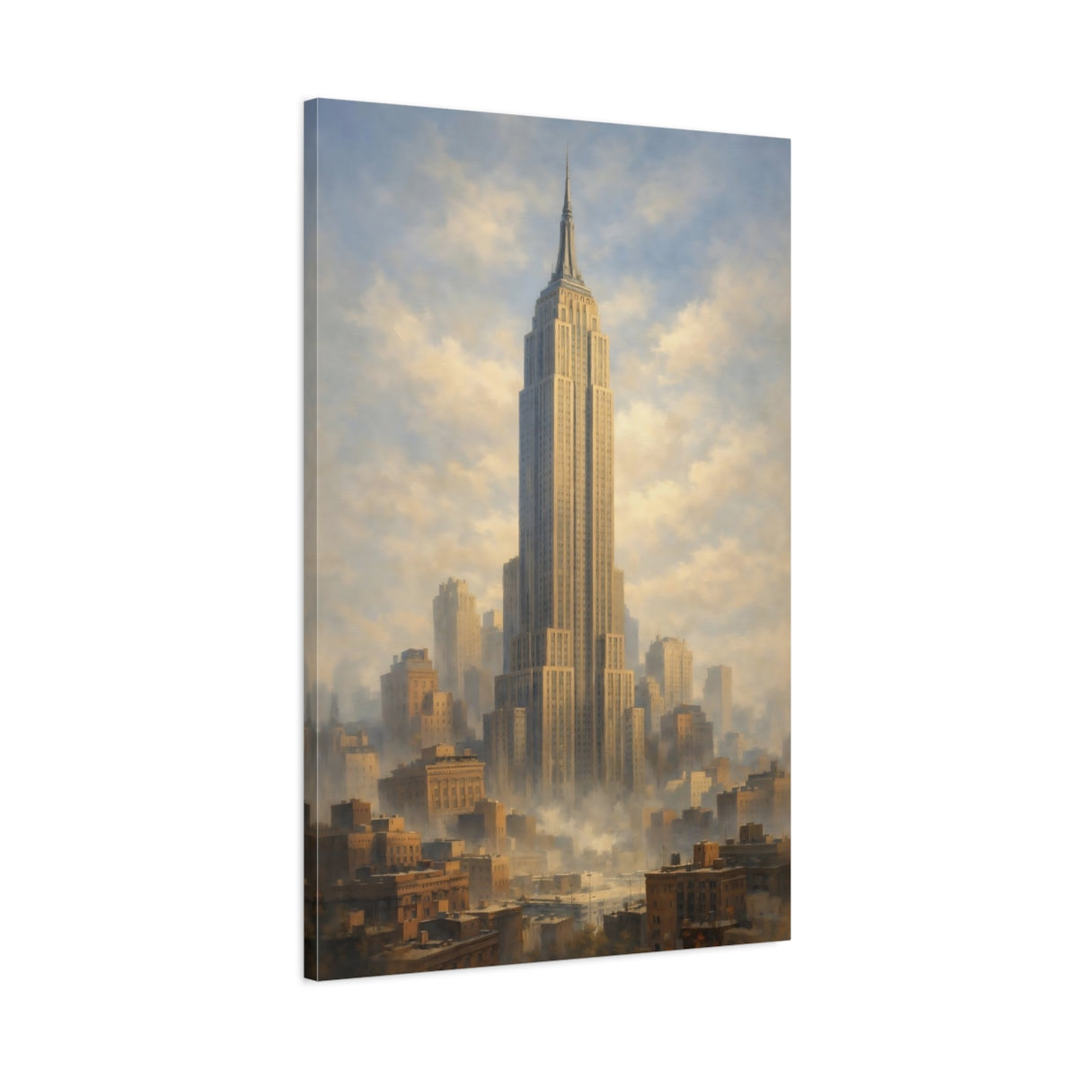 Side Mockup 1. Vintage Empire State Building Brown And Blue Cityscape shown as stretched canvas wall art