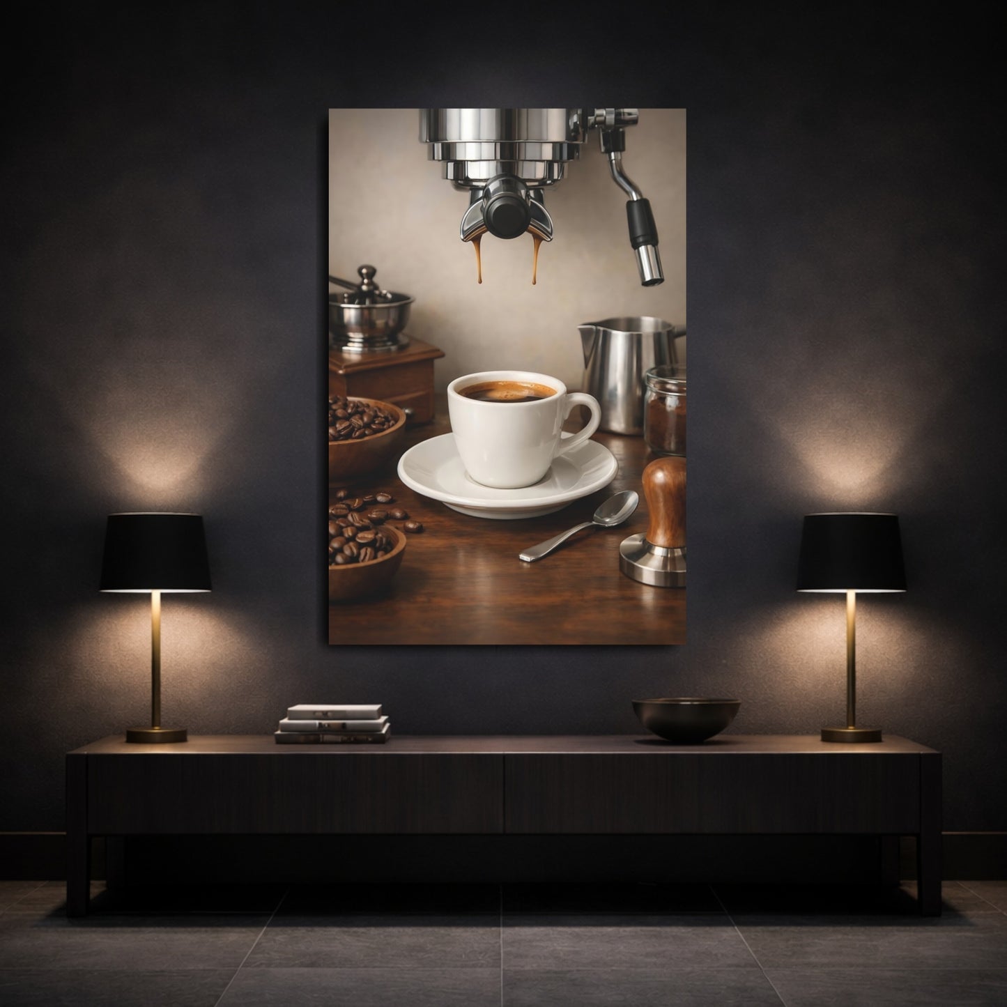 Vintage Espresso Coffee Coffee Still Life shown as front canvas room wall art