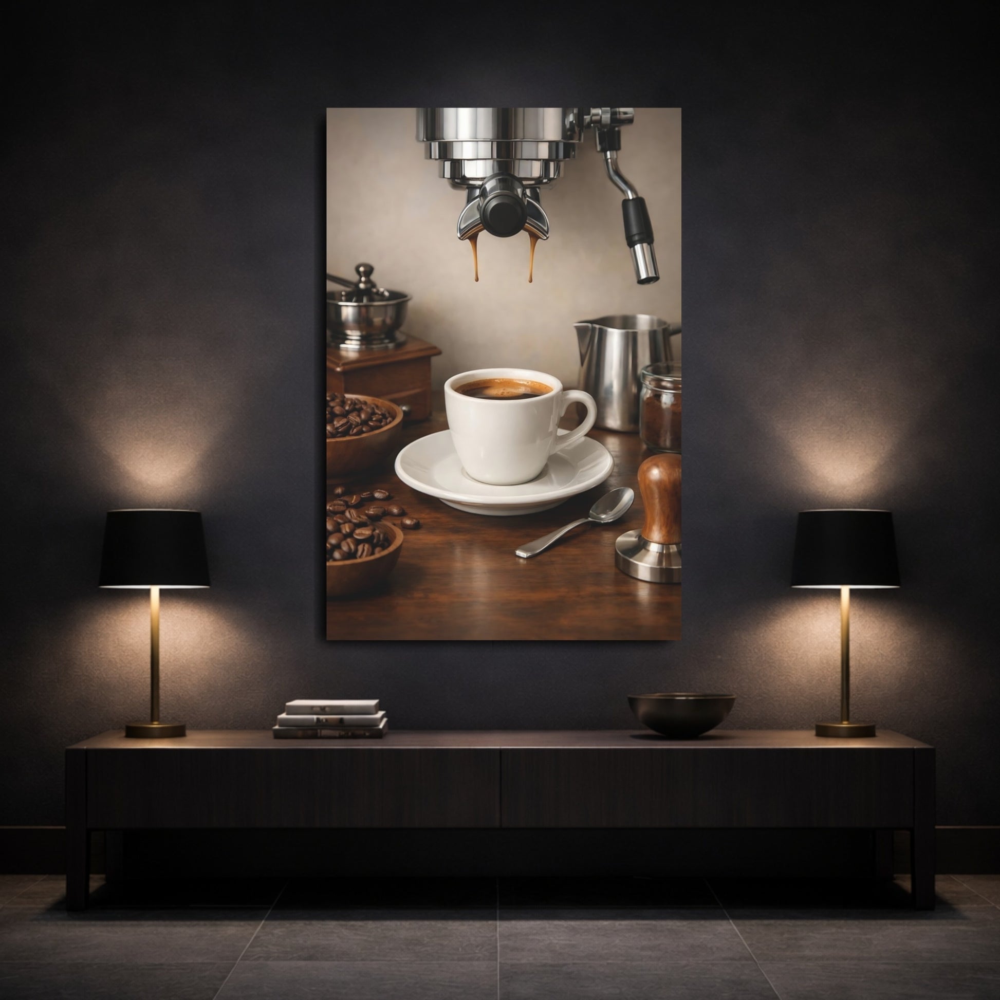 Vintage Espresso Coffee Coffee Still Life shown as front canvas room wall art