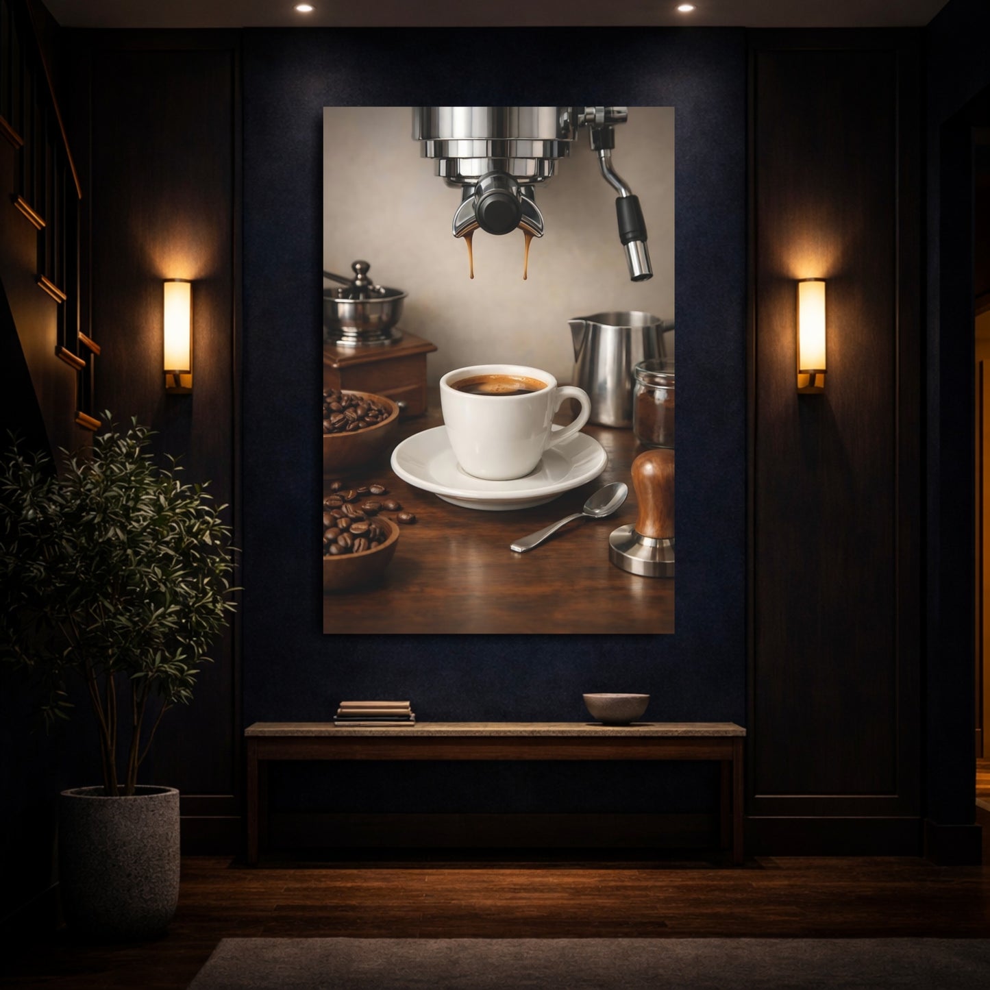 Vintage Espresso Coffee Coffee Still Life shown as front canvas room wall art