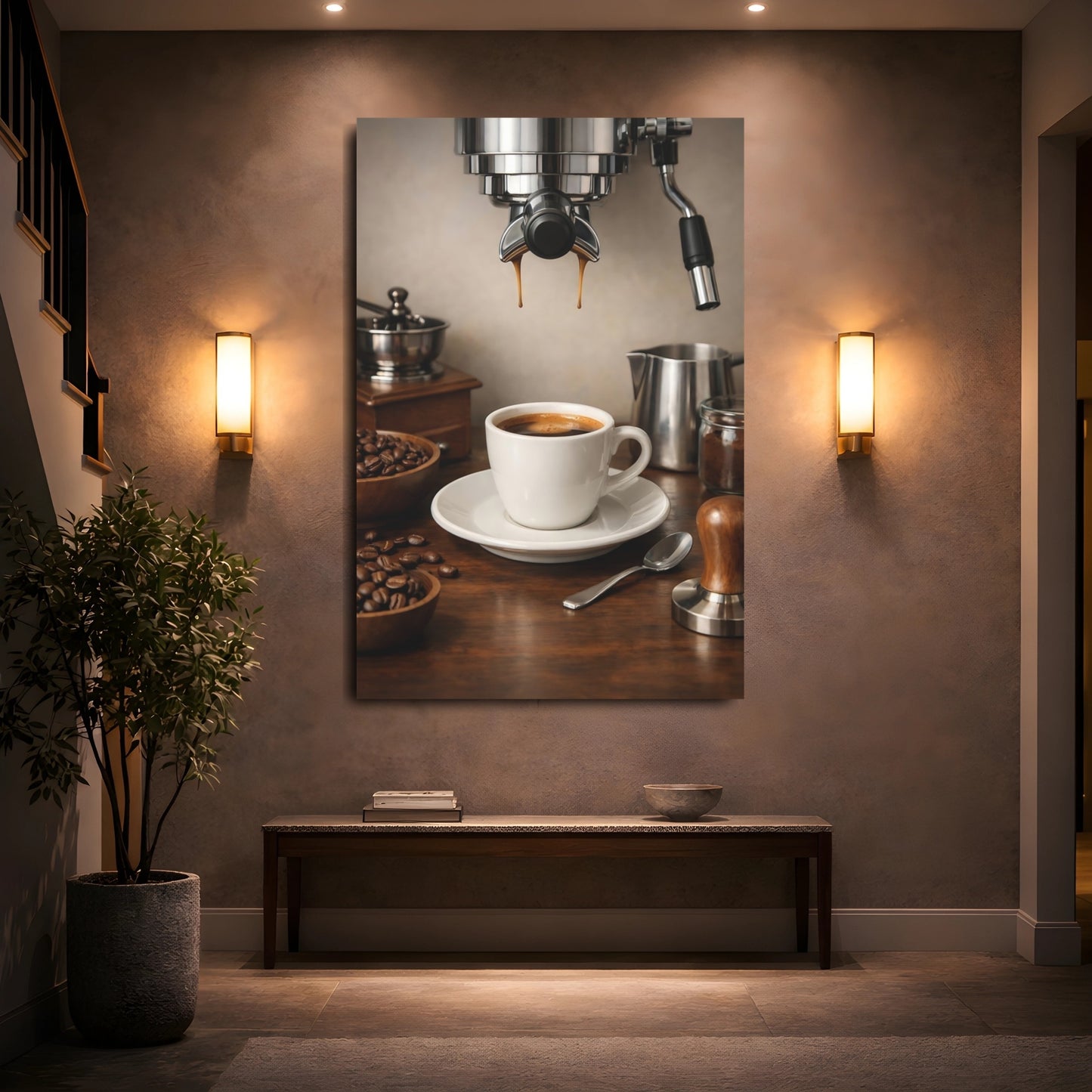 Vintage Espresso Coffee Coffee Still Life shown as front canvas room wall art