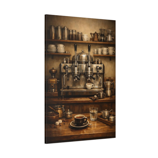 Main Mockup. Vintage Espresso Machine Brown Coffee Setup shown as stretched canvas wall art