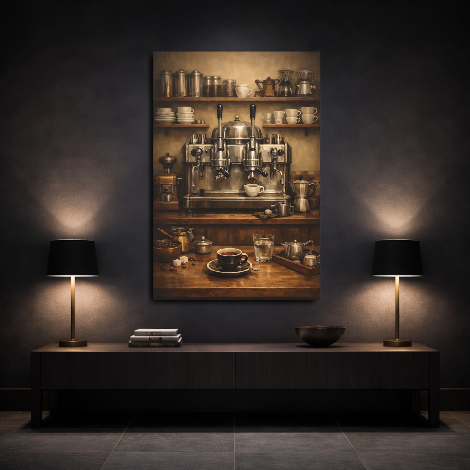 Mockup 2. Vintage Espresso Machine Brown Coffee Setup shown as stretched canvas wall art