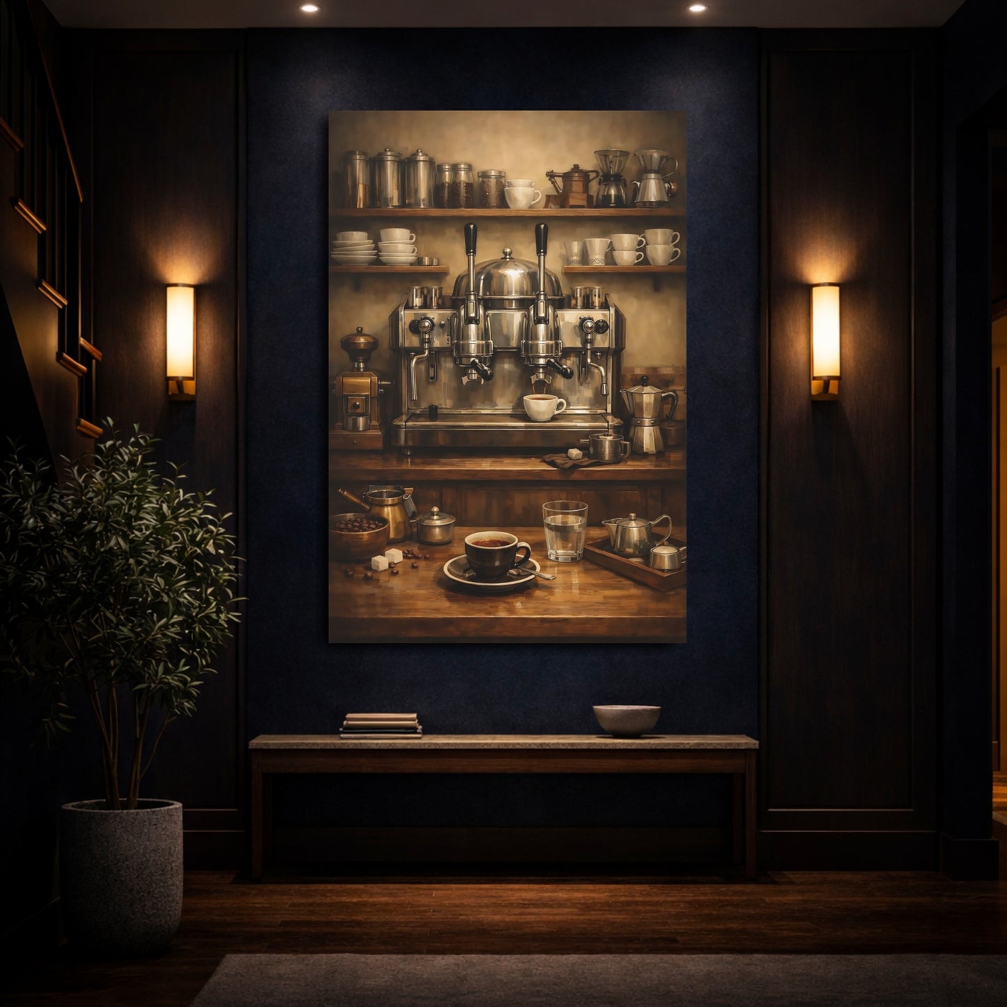 Mockup 3. Vintage Espresso Machine Brown Coffee Setup shown as stretched canvas wall art