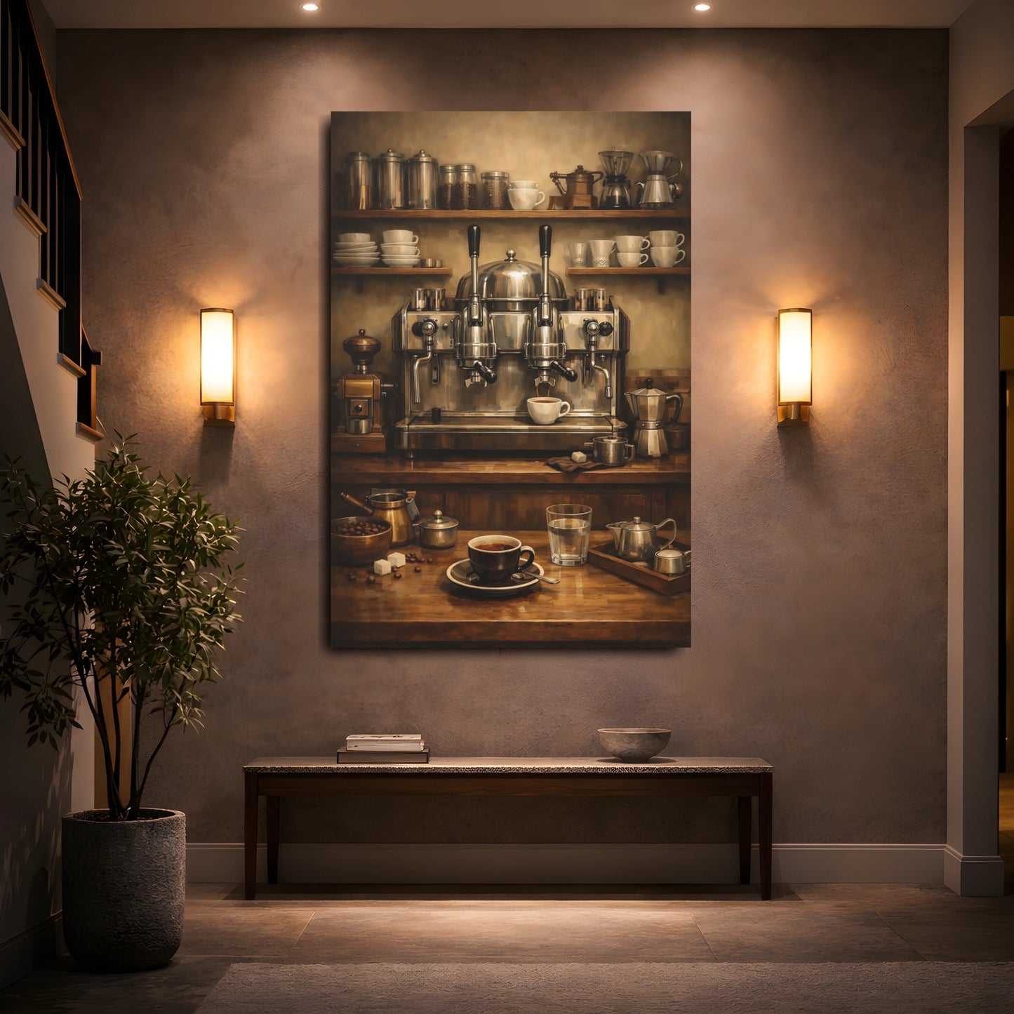 Mockup 4. Vintage Espresso Machine Brown Coffee Setup shown as stretched canvas wall art