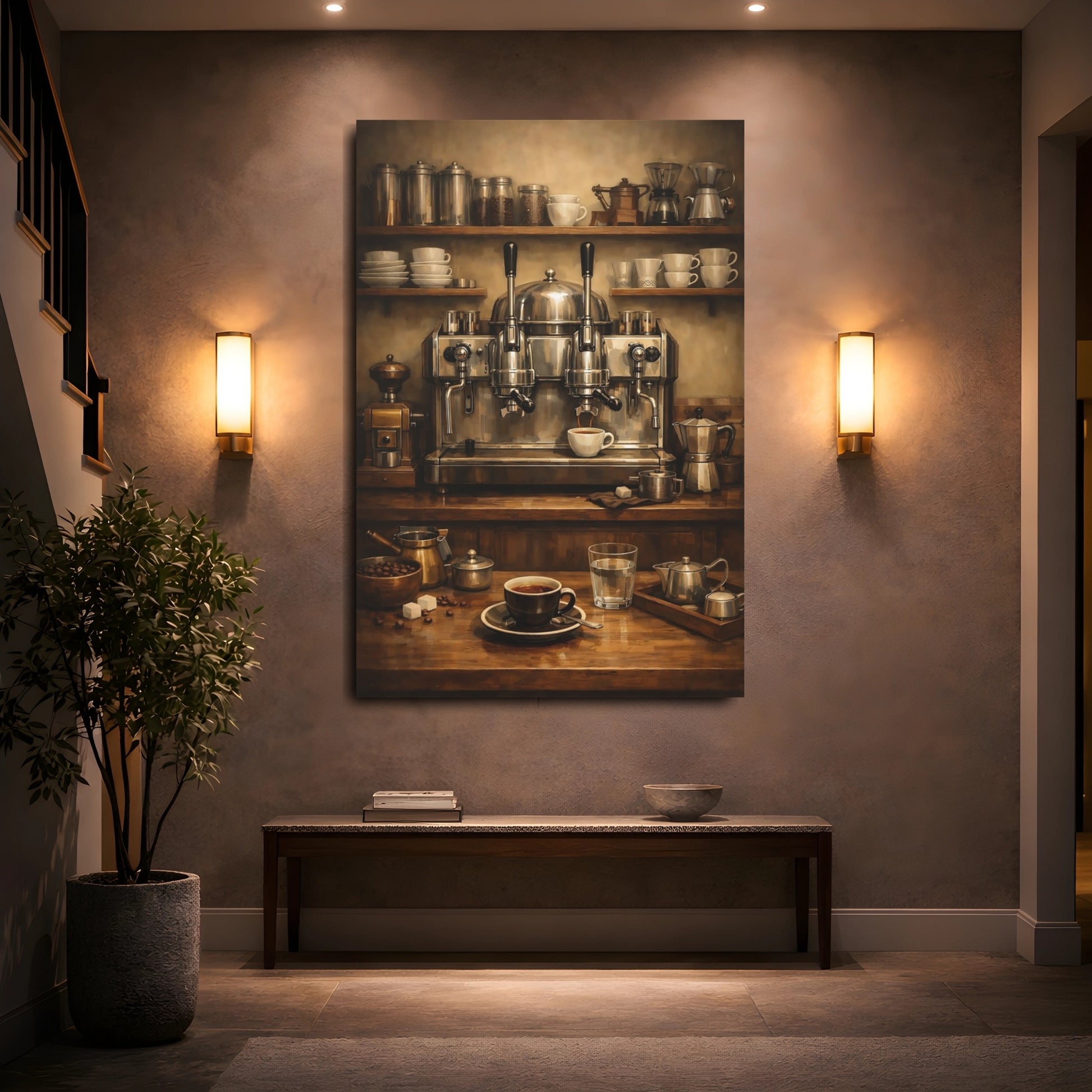 Mockup 4. Vintage Espresso Machine Brown Coffee Setup shown as stretched canvas wall art