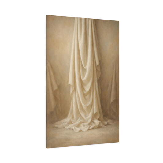 Main Mockup. Vintage Fabric Drapes Cream And Beige shown as stretched canvas wall art