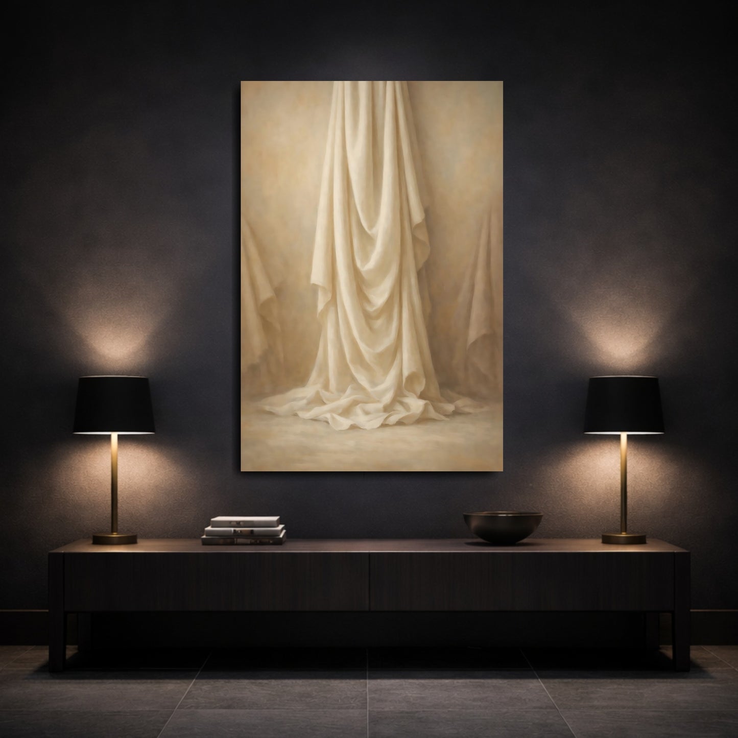Mockup 2. Vintage Fabric Drapes Cream And Beige shown as stretched canvas wall art