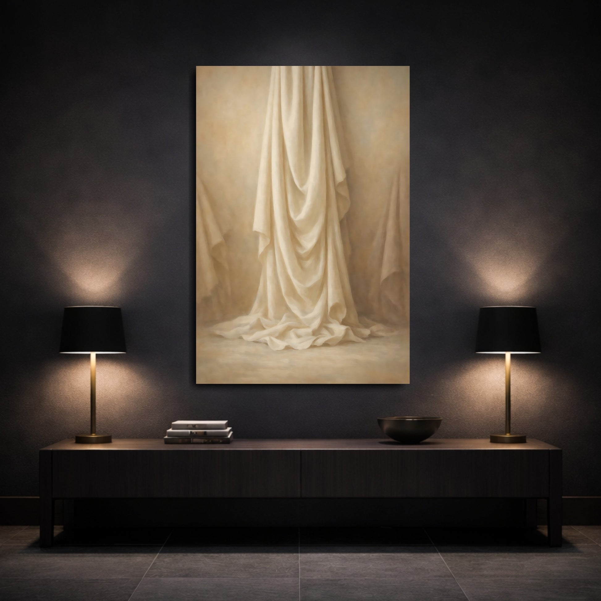Mockup 2. Vintage Fabric Drapes Cream And Beige shown as stretched canvas wall art
