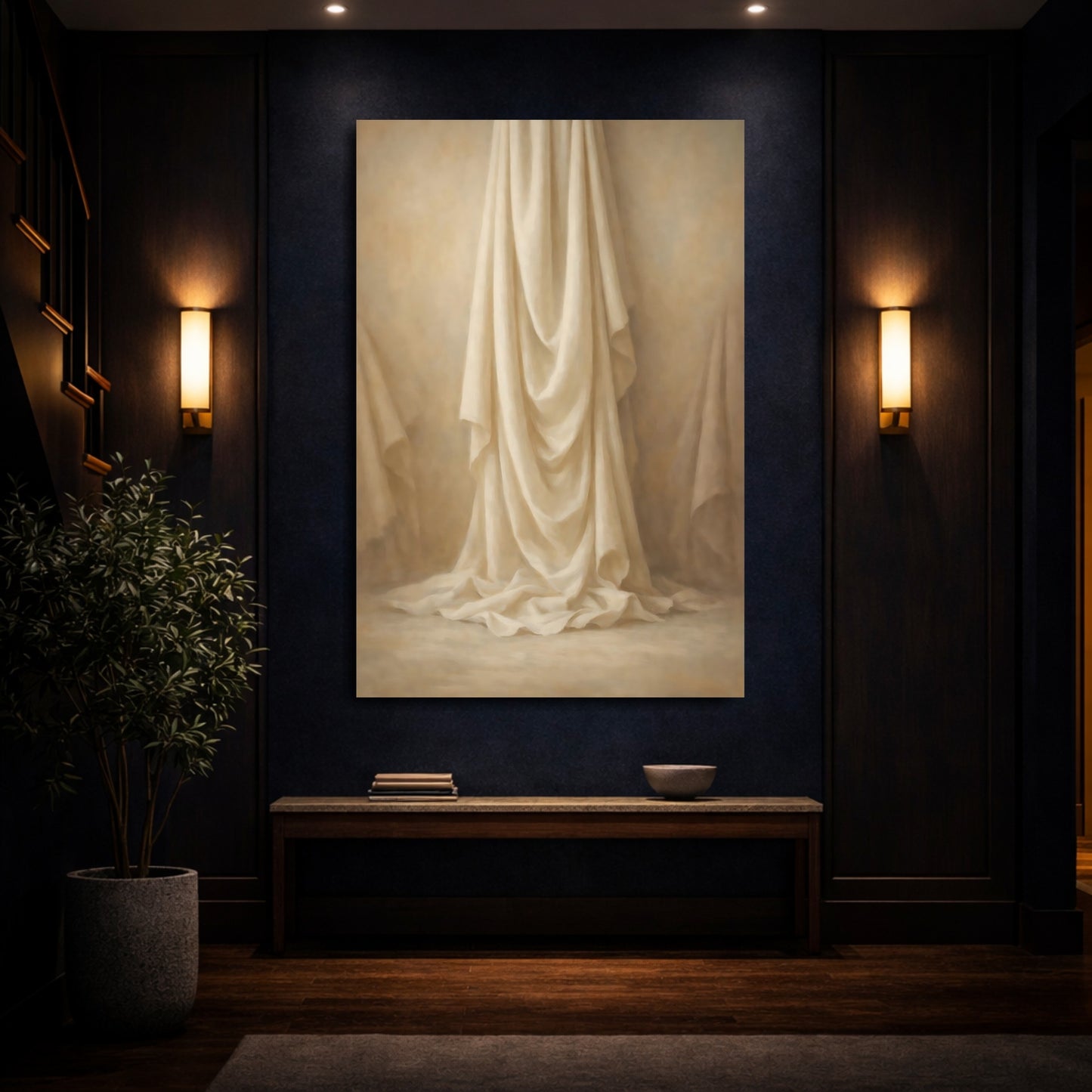 Mockup 3. Vintage Fabric Drapes Cream And Beige shown as stretched canvas wall art