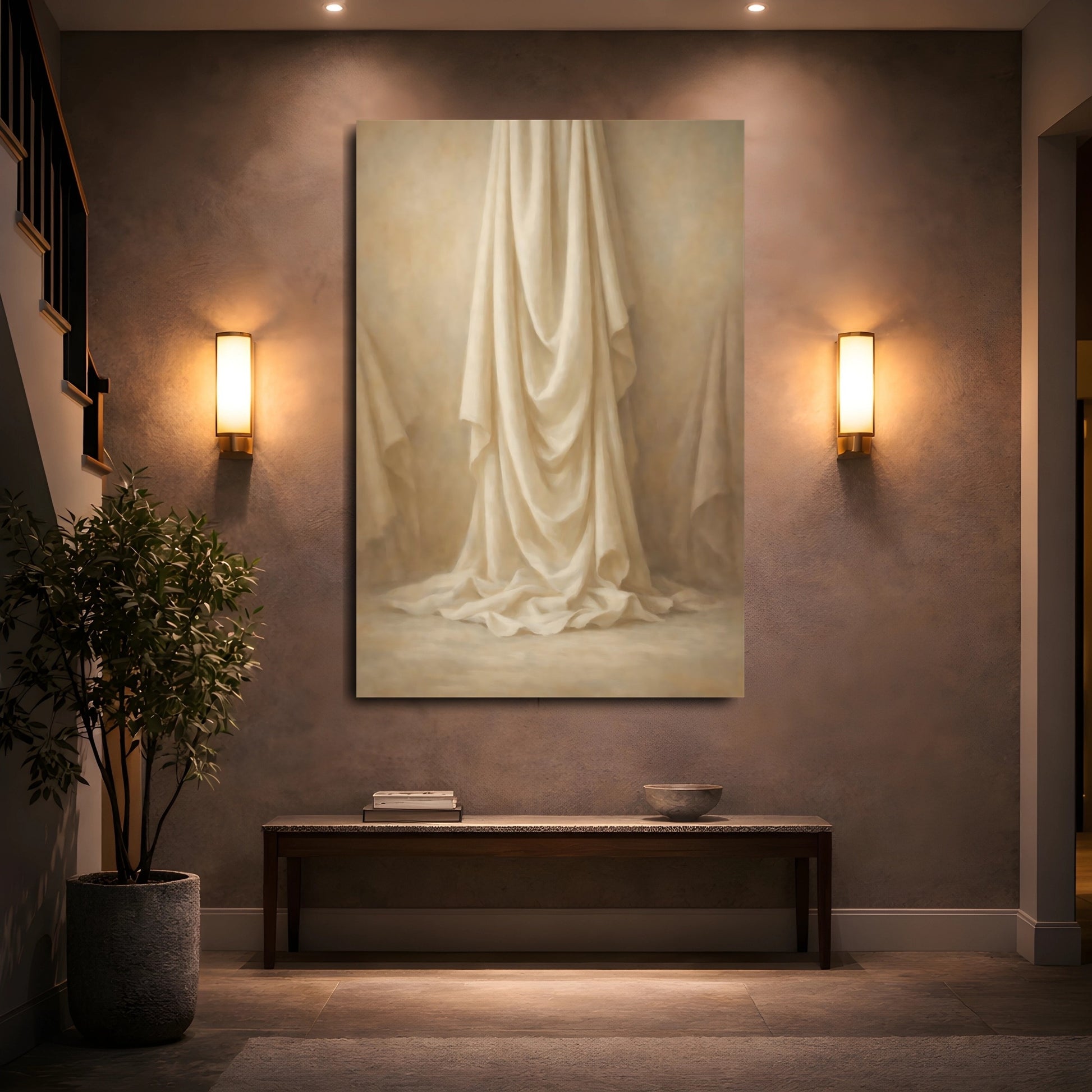 Mockup 4. Vintage Fabric Drapes Cream And Beige shown as stretched canvas wall art