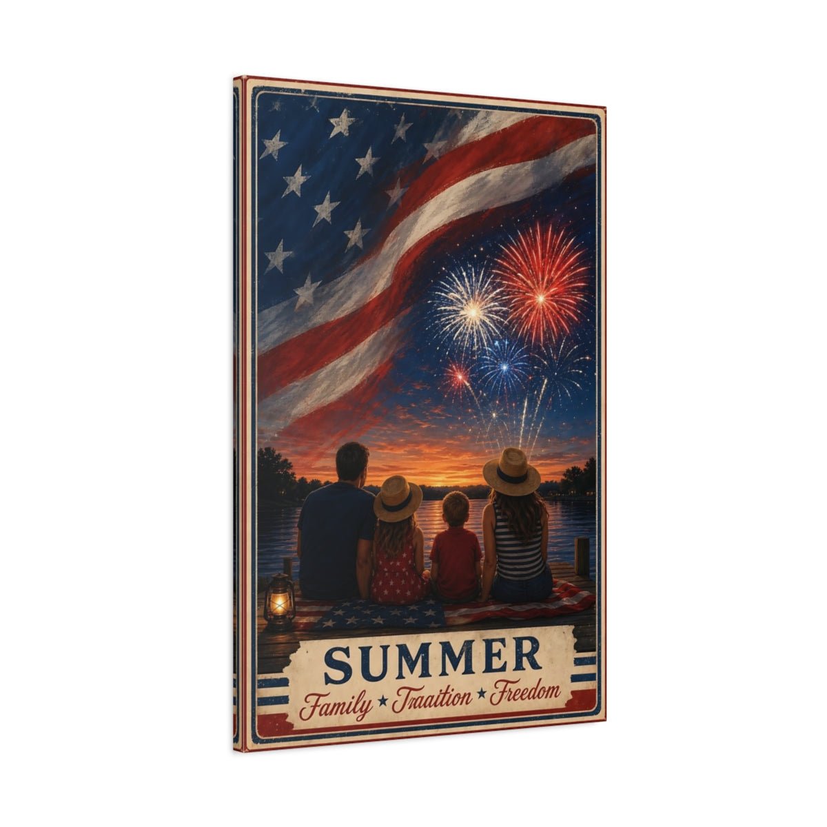Vintage Family Fireworks Red White Blue Canvas Print – Living Room, Above Console Table - YesArtYes
