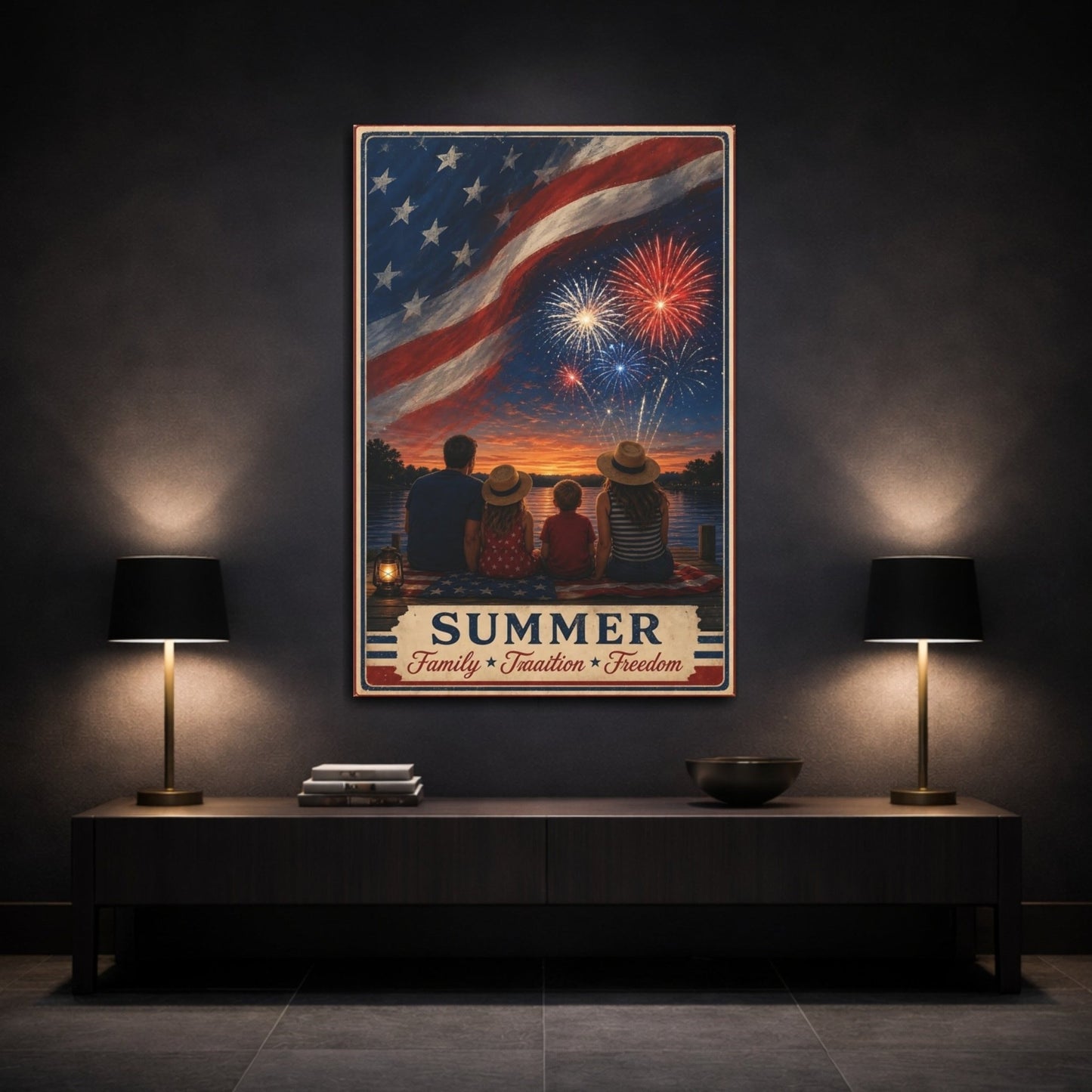 Vintage Family Fireworks Red White Blue Canvas Print – Living Room, Above Console Table - YesArtYes