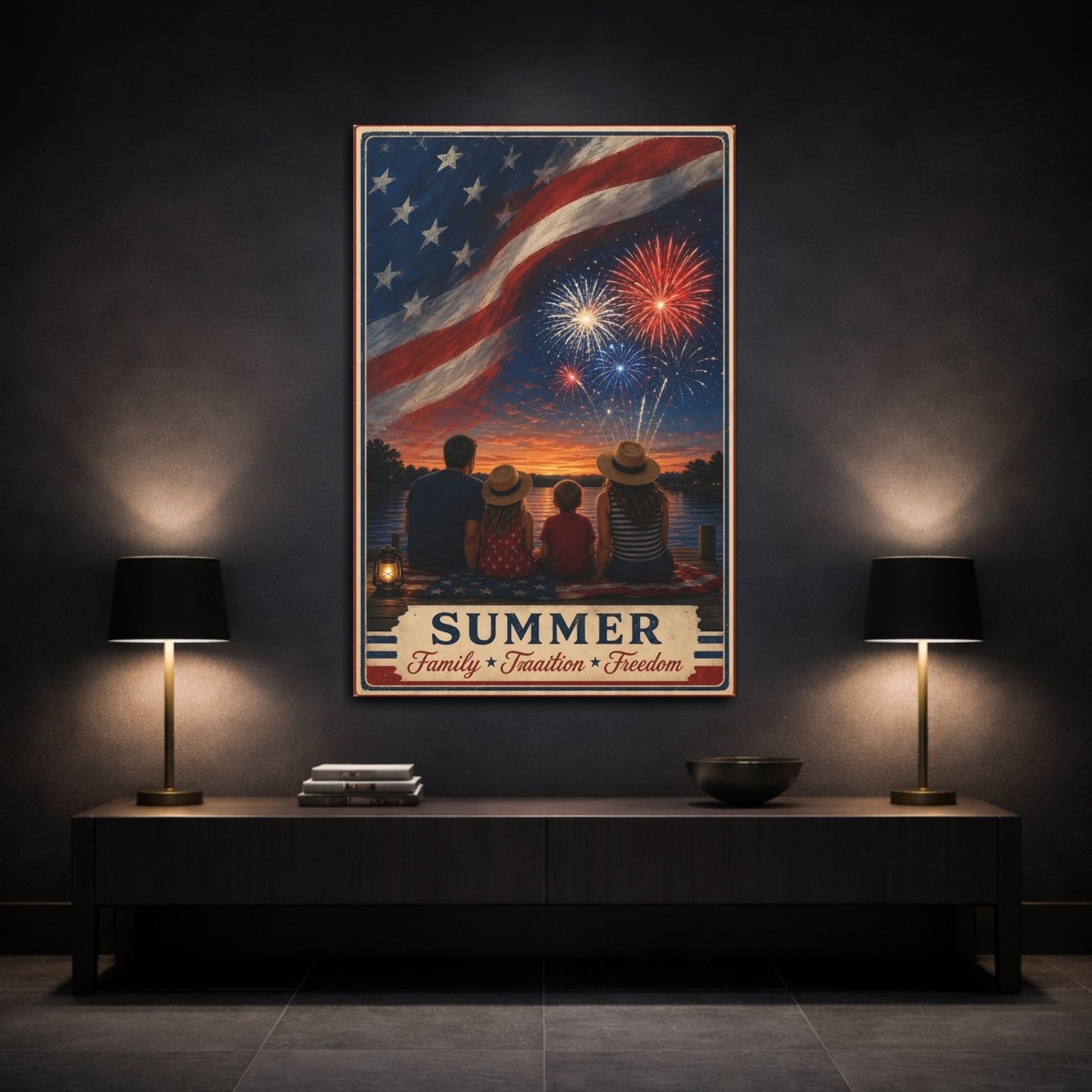 Vintage Family Fireworks Red White Blue Canvas Print – Living Room, Above Console Table - YesArtYes