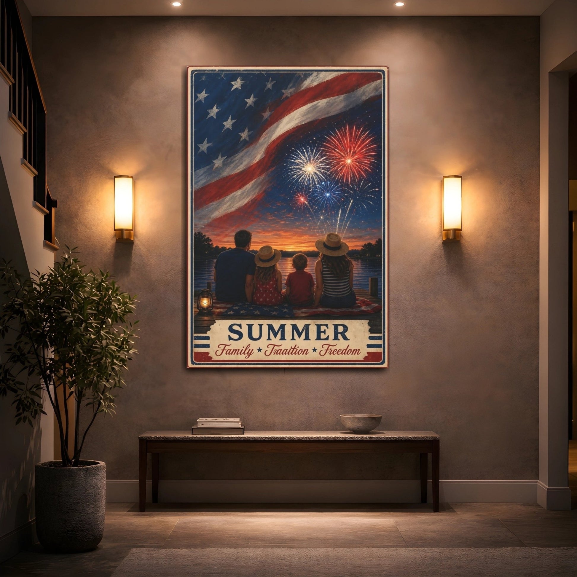 Vintage Family Fireworks Red White Blue Canvas Print – Living Room, Above Console Table - YesArtYes