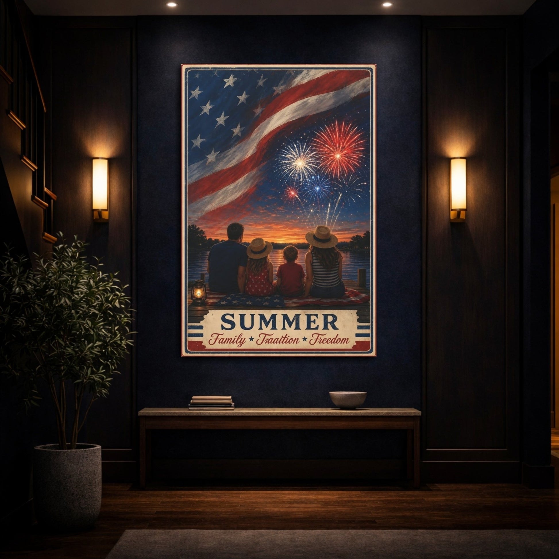 Vintage Family Fireworks Red White Blue Canvas Print – Living Room, Above Console Table - YesArtYes