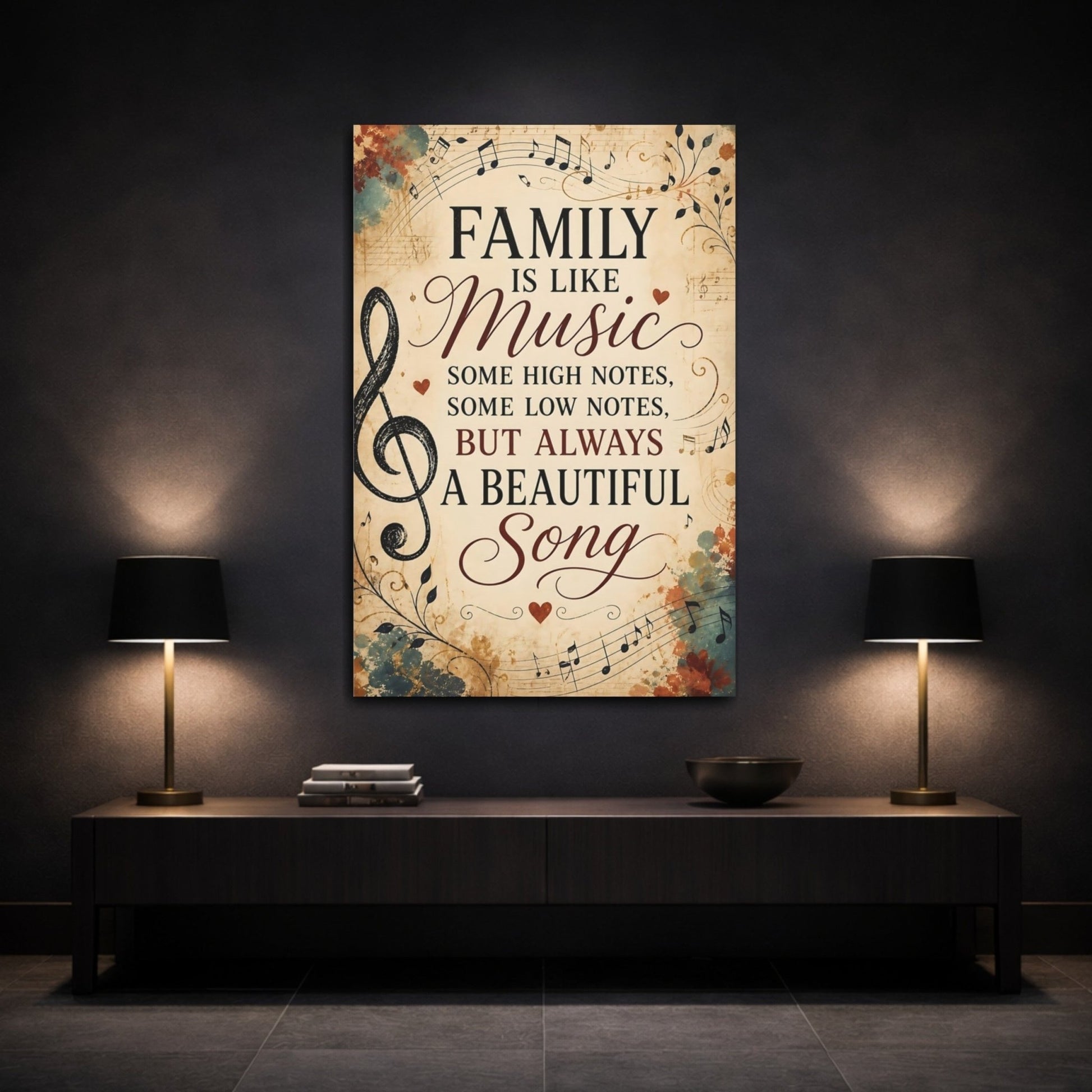 Vintage Family Quote Music Canvas Print – Living Room, Above Console Table - YesArtYes