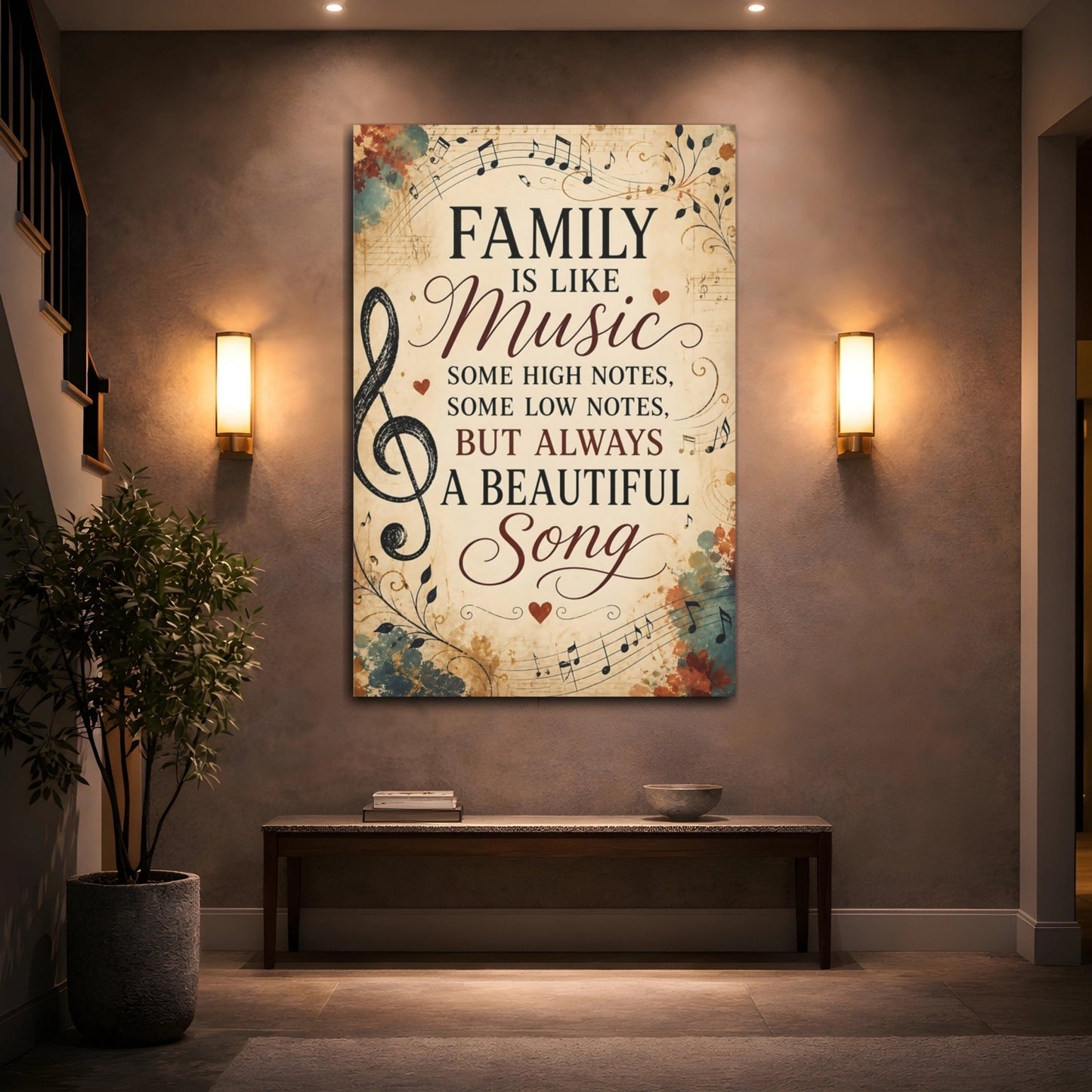 Vintage Family Quote Music Canvas Print – Living Room, Above Console Table - YesArtYes