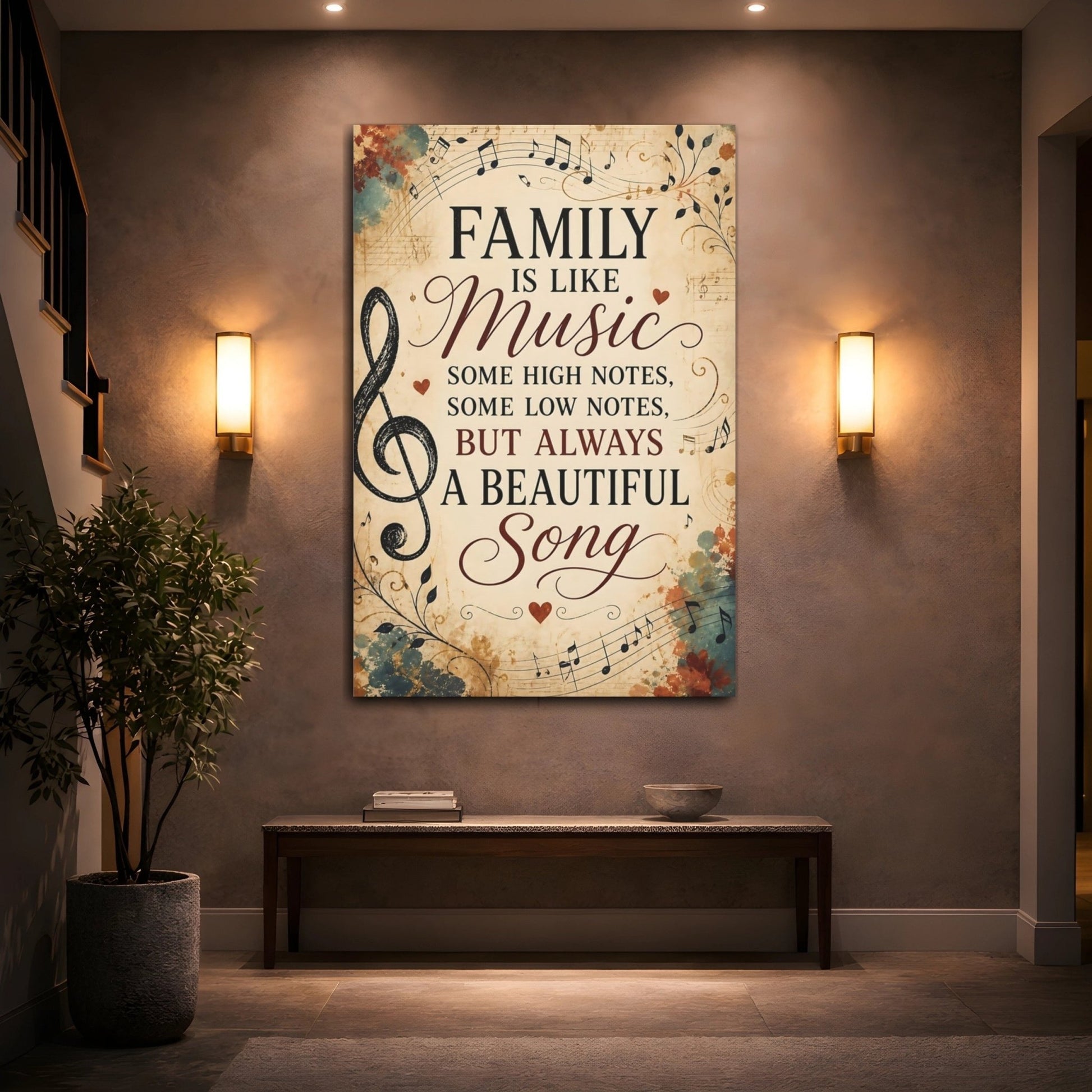 Vintage Family Quote Music Canvas Print – Living Room, Above Console Table - YesArtYes