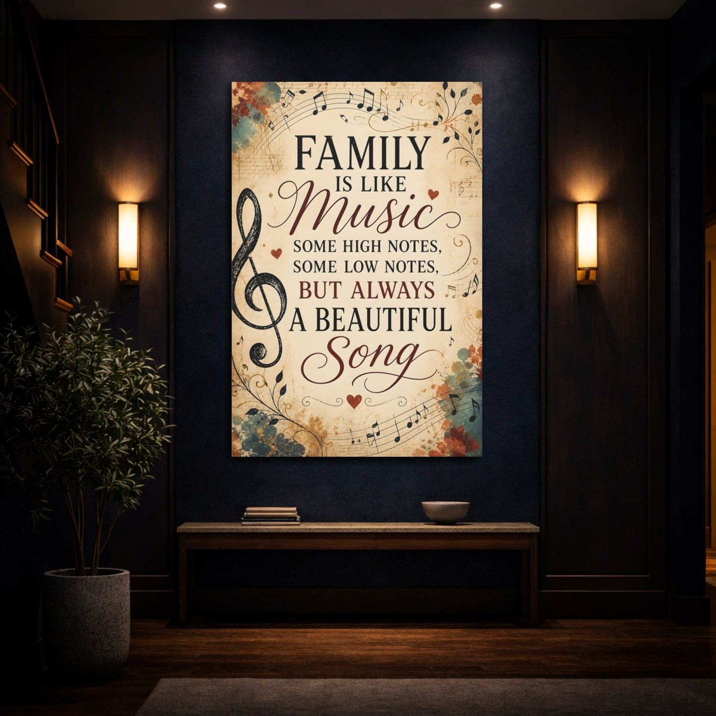 Vintage Family Quote Music Canvas Print – Living Room, Above Console Table - YesArtYes