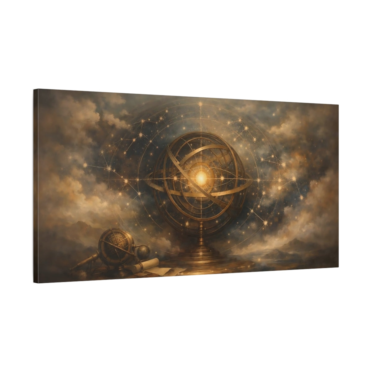 Side Mockup 1. Maps Armillary Sphere Gold And Blue shown as stretched canvas wall art