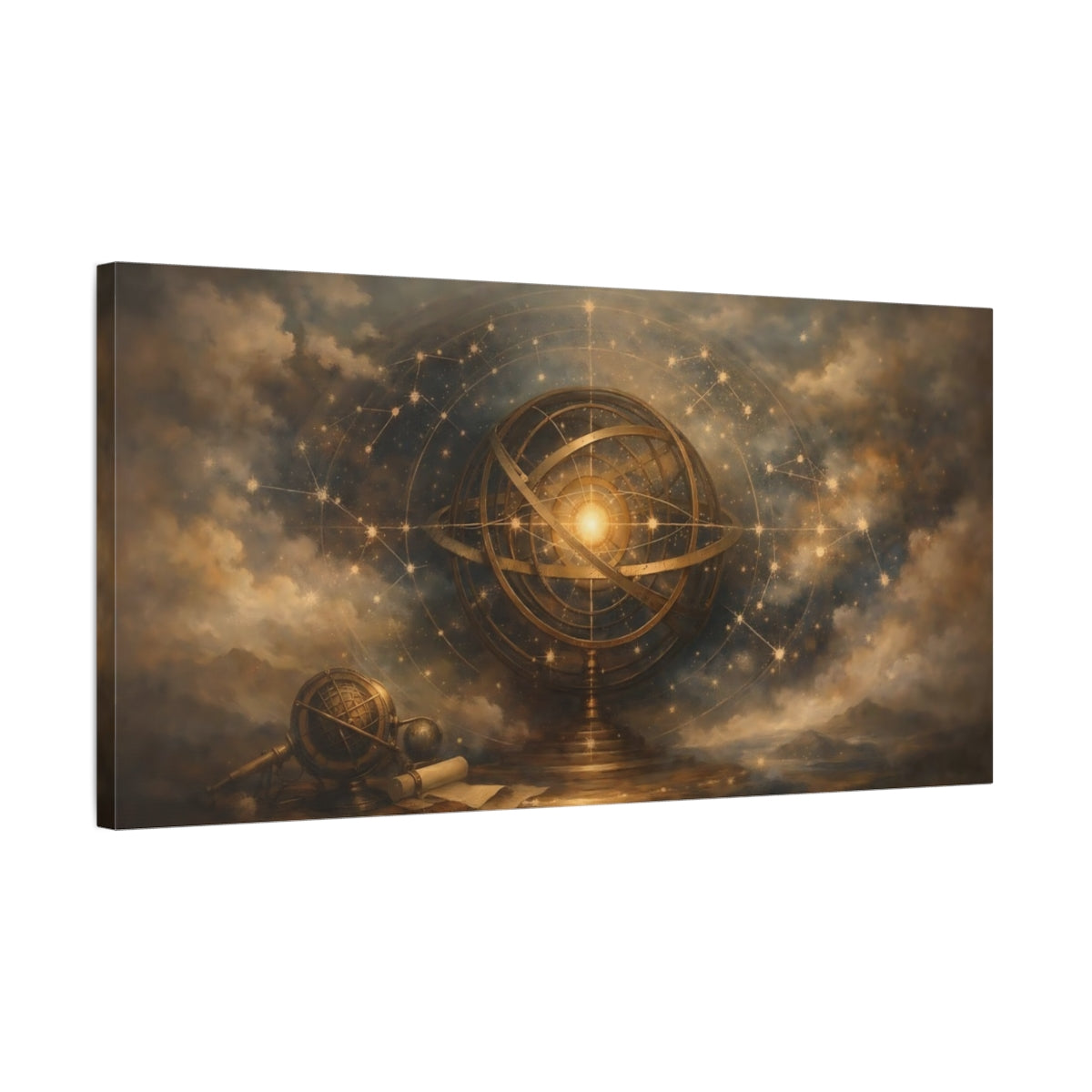 Side Mockup 2. Maps Armillary Sphere Gold And Blue shown as stretched canvas wall art