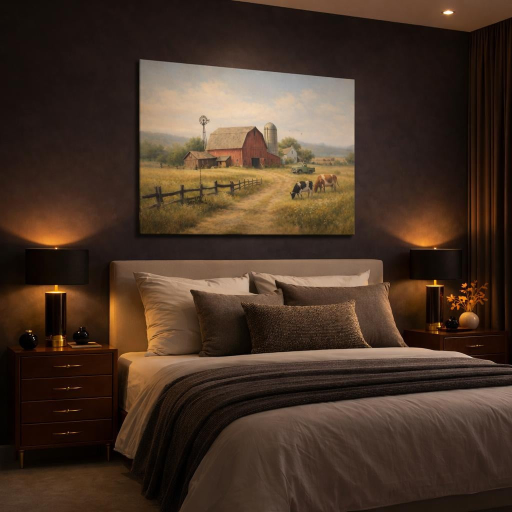Vintage Farm Landscape shown as canvas wall art in a luxury bedroom