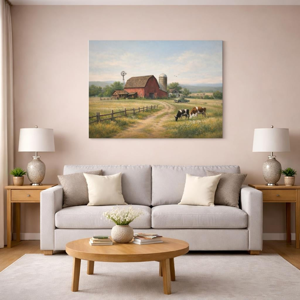 Vintage Farm Landscape shown as canvas wall art in a modern living room